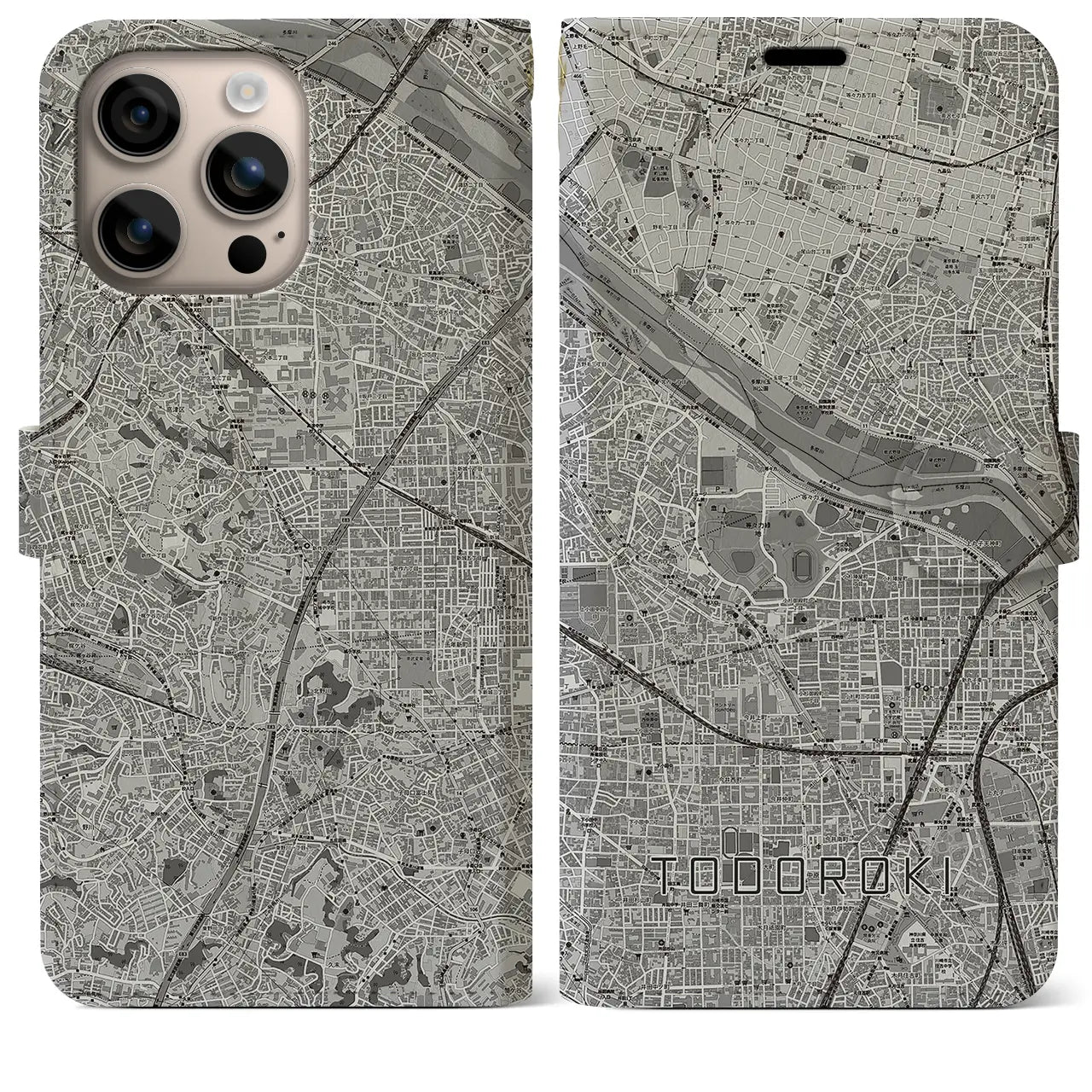 【等々力(神奈川県)】地図柄iPhoneケース(手帳タイプ)モノトーン・iPhone 16 Plus 用