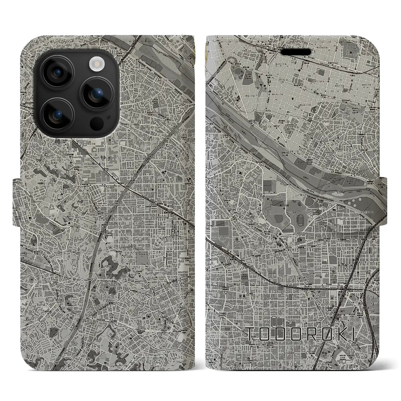 【等々力(神奈川県)】地図柄iPhoneケース(手帳タイプ)モノトーン・iPhone 16 用