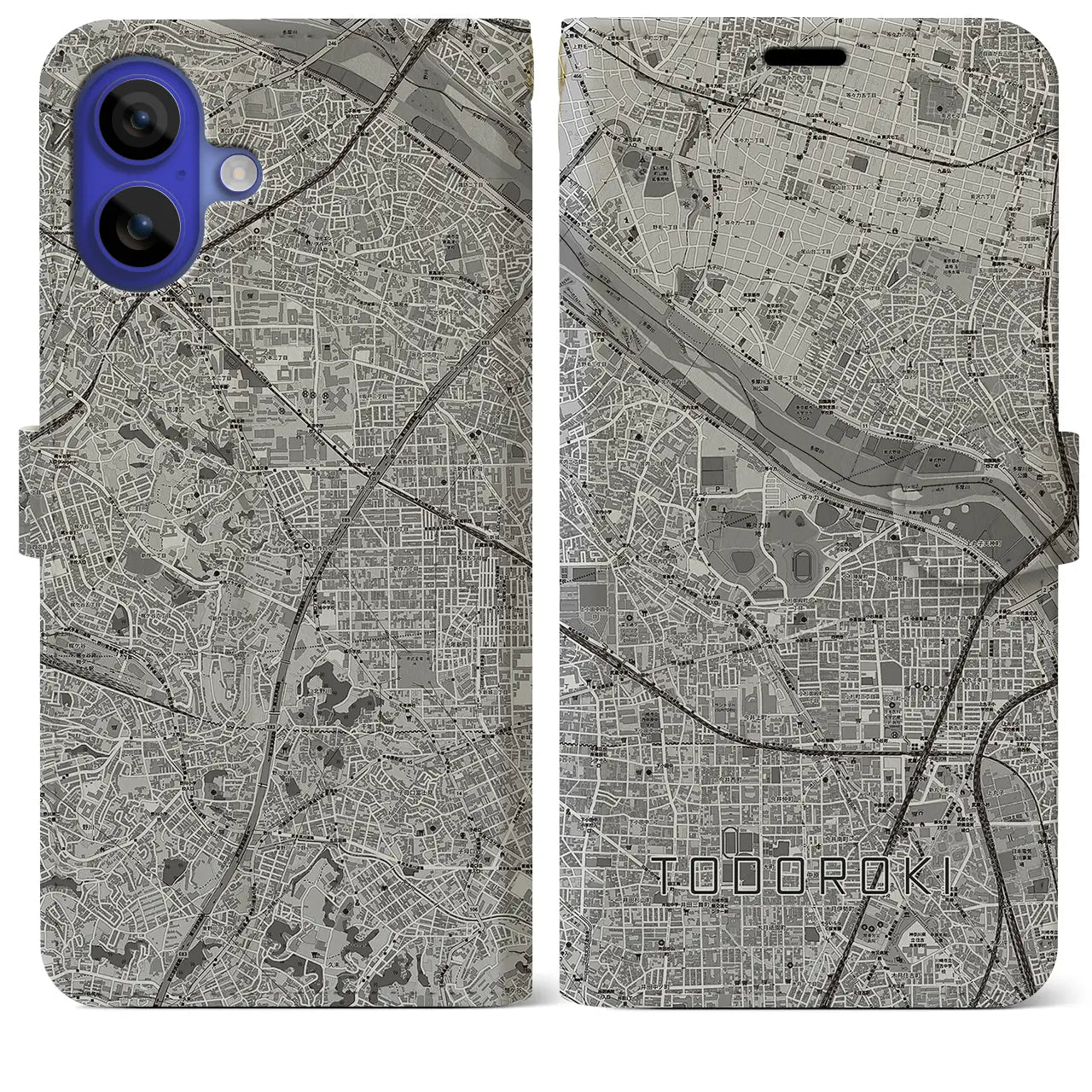 【等々力(神奈川県)】地図柄iPhoneケース(手帳タイプ)モノトーン・iPhone 16 Pro Max 用