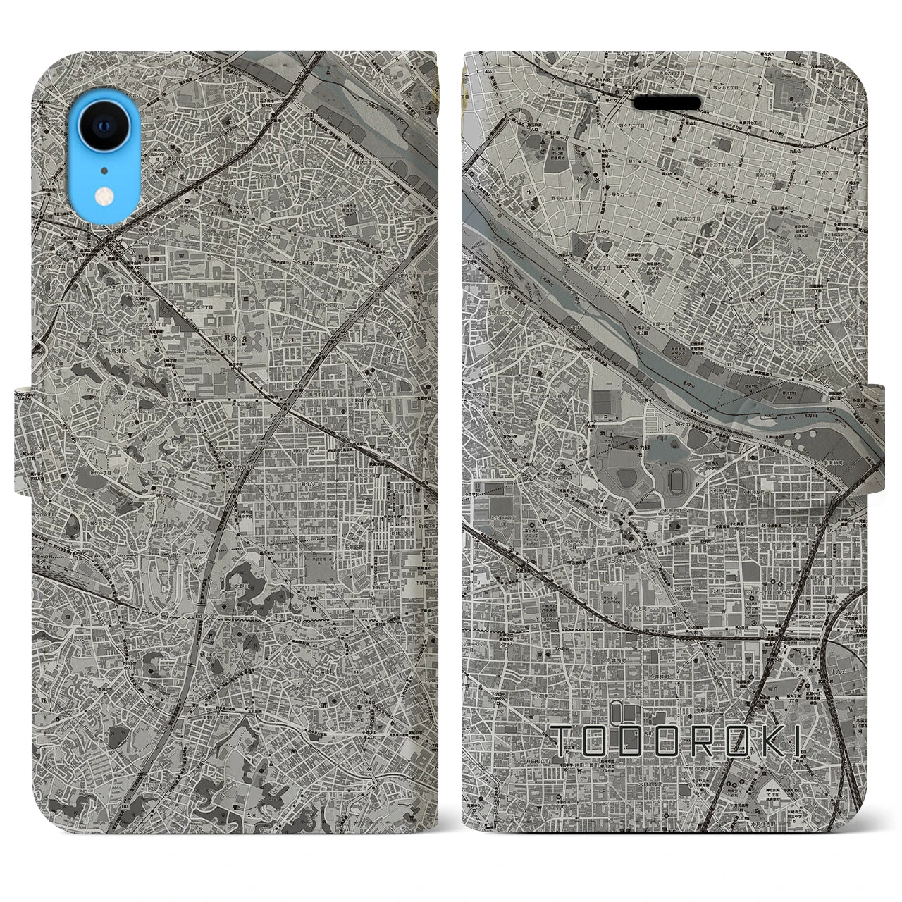 【等々力(神奈川県)】地図柄iPhoneケース(手帳タイプ)モノトーン・iPhone XR 用