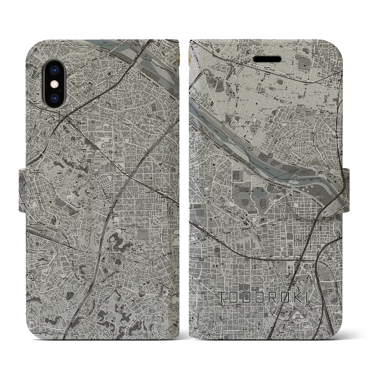 【等々力(神奈川県)】地図柄iPhoneケース(手帳タイプ)モノトーン・iPhone XS / X 用