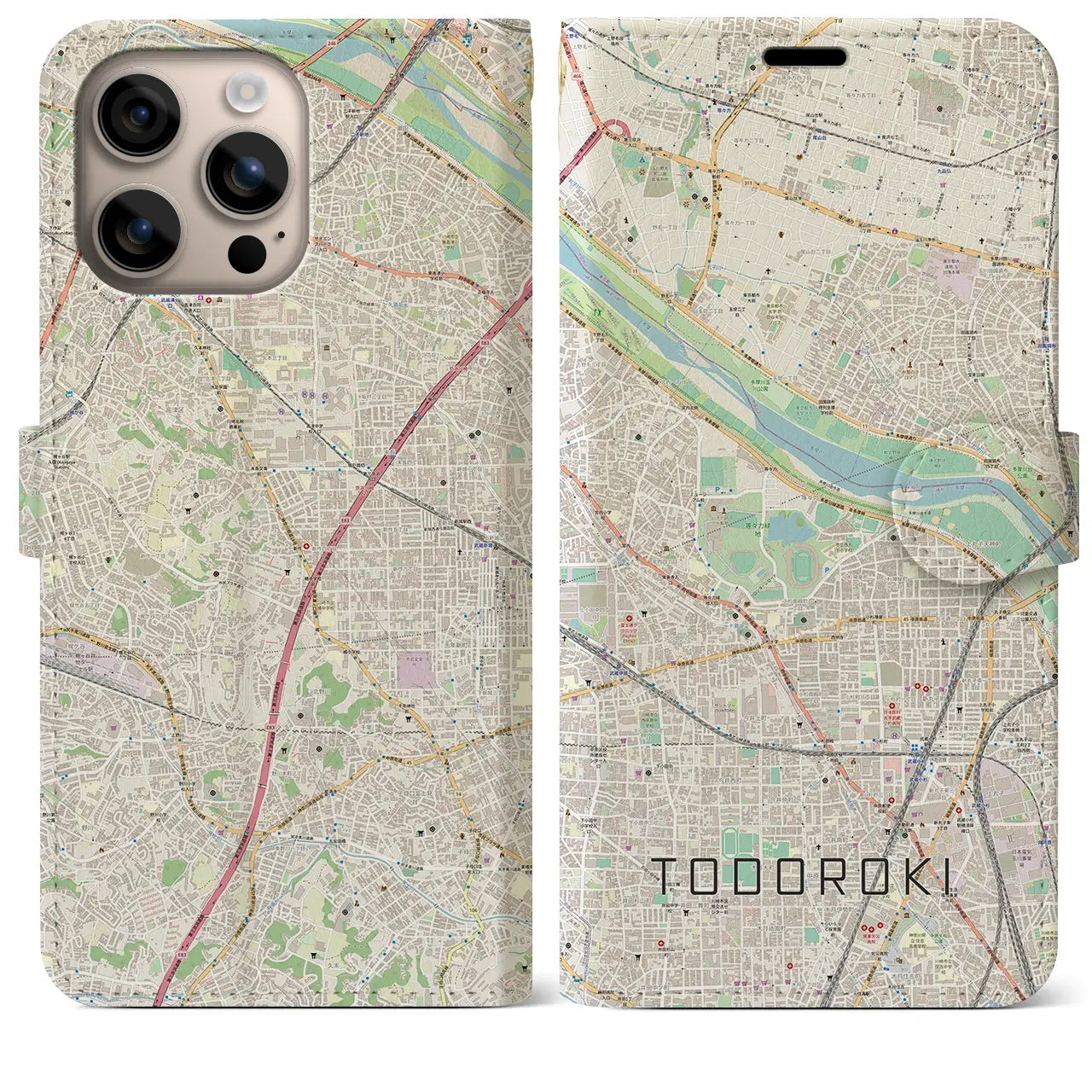 【等々力(神奈川県)】地図柄iPhoneケース(手帳タイプ)ナチュラル・iPhone 16 Plus 用