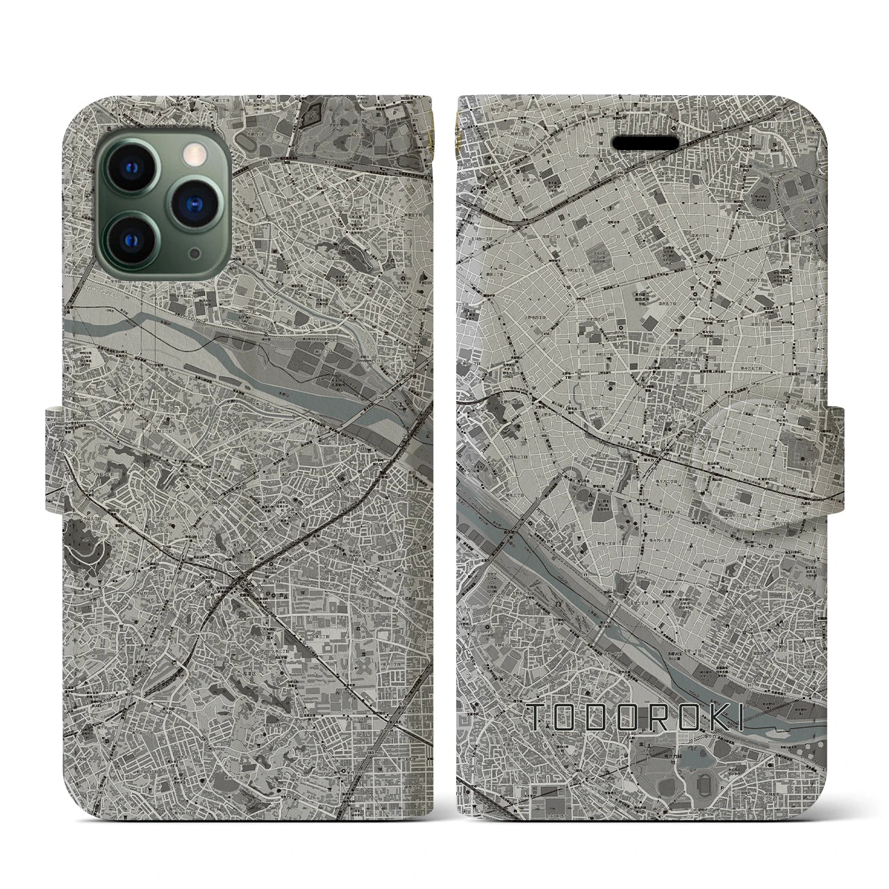 【等々力(東京都)】地図柄iPhoneケース(手帳タイプ)モノトーン・iPhone 11 Pro 用