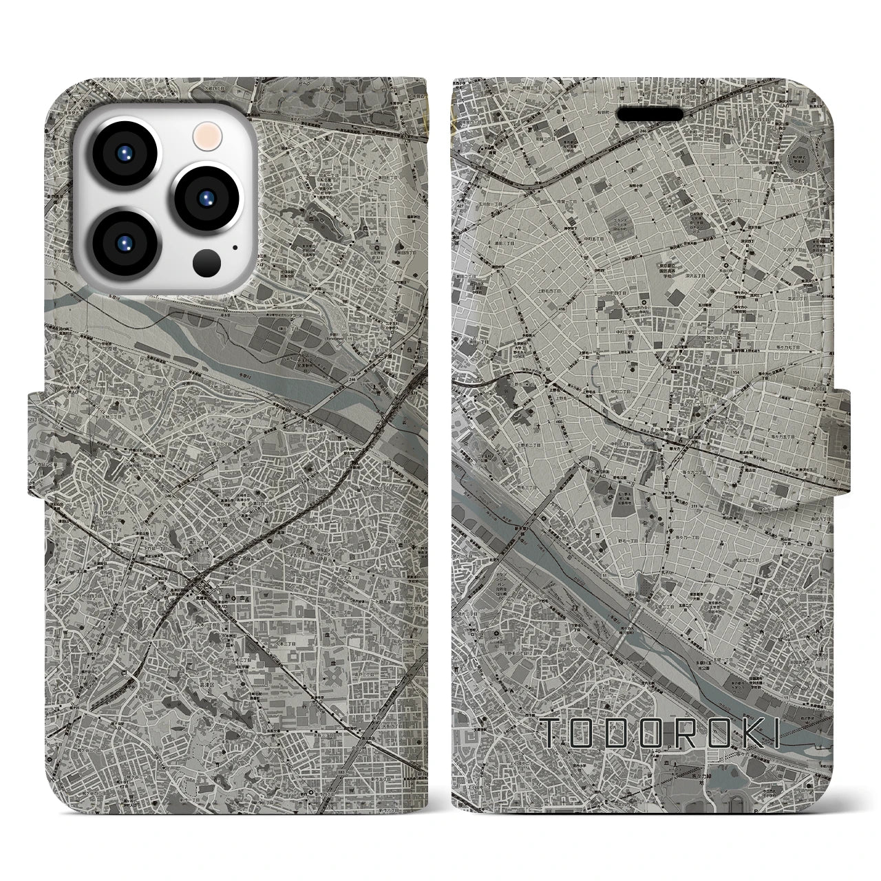 【等々力(東京都)】地図柄iPhoneケース(手帳タイプ)モノトーン・iPhone 13 Pro 用