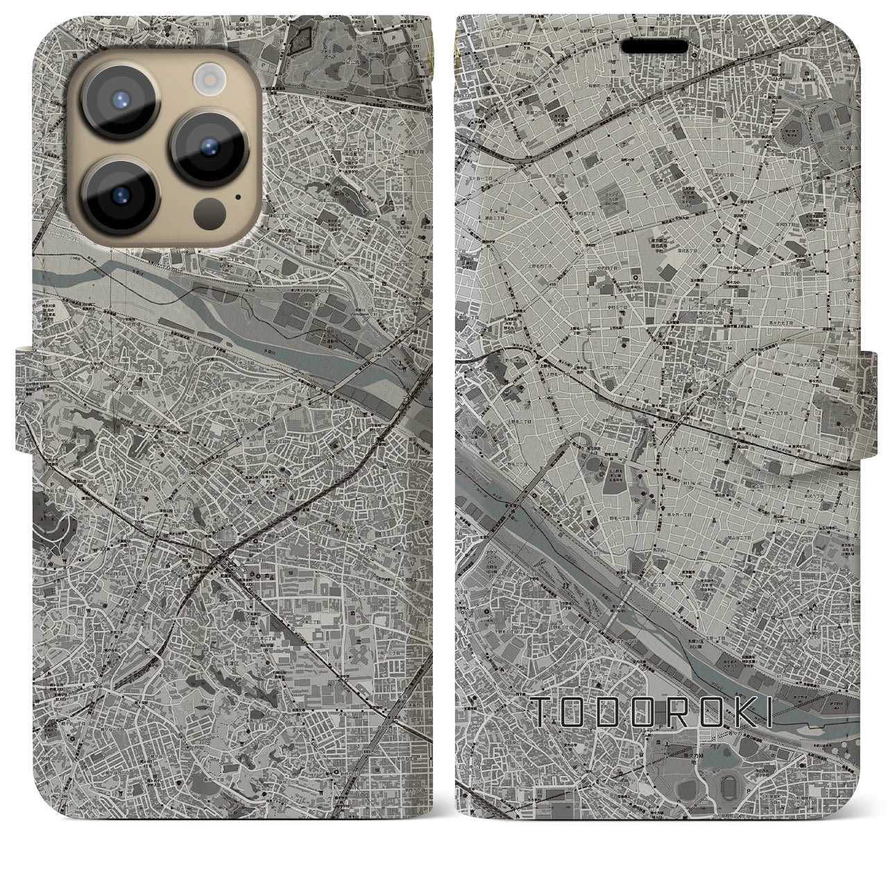【等々力(東京都)】地図柄iPhoneケース(手帳タイプ)モノトーン・iPhone 14 Pro Max 用