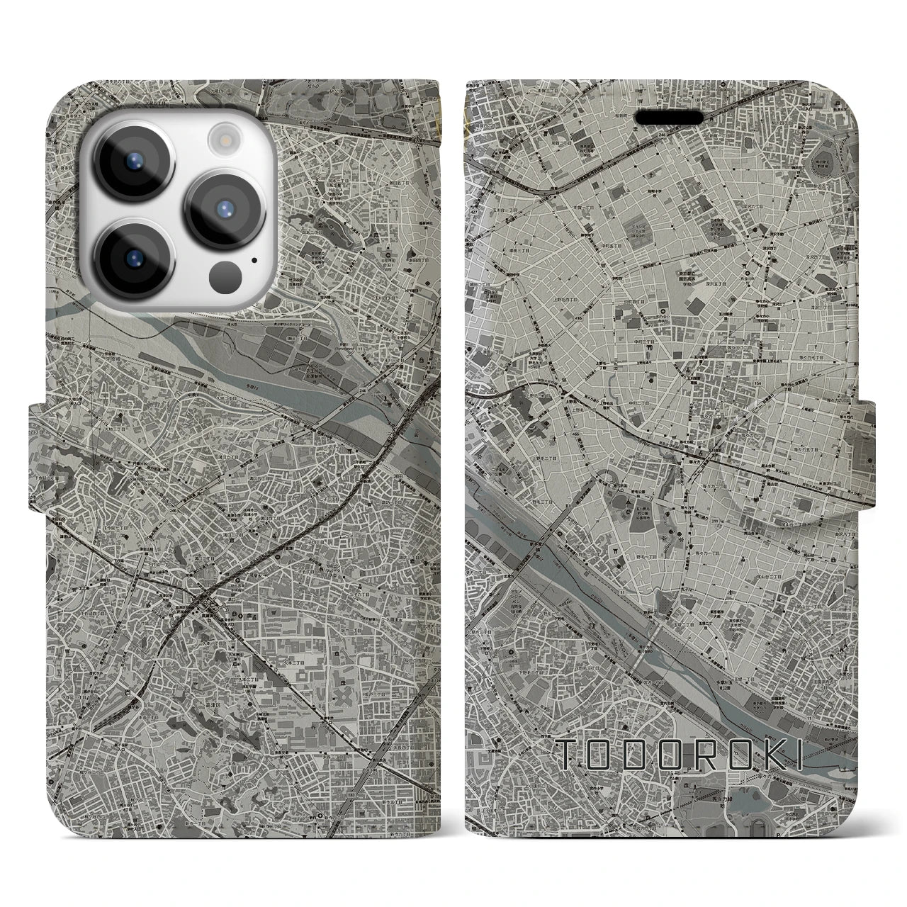 【等々力(東京都)】地図柄iPhoneケース(手帳タイプ)モノトーン・iPhone 14 Pro 用