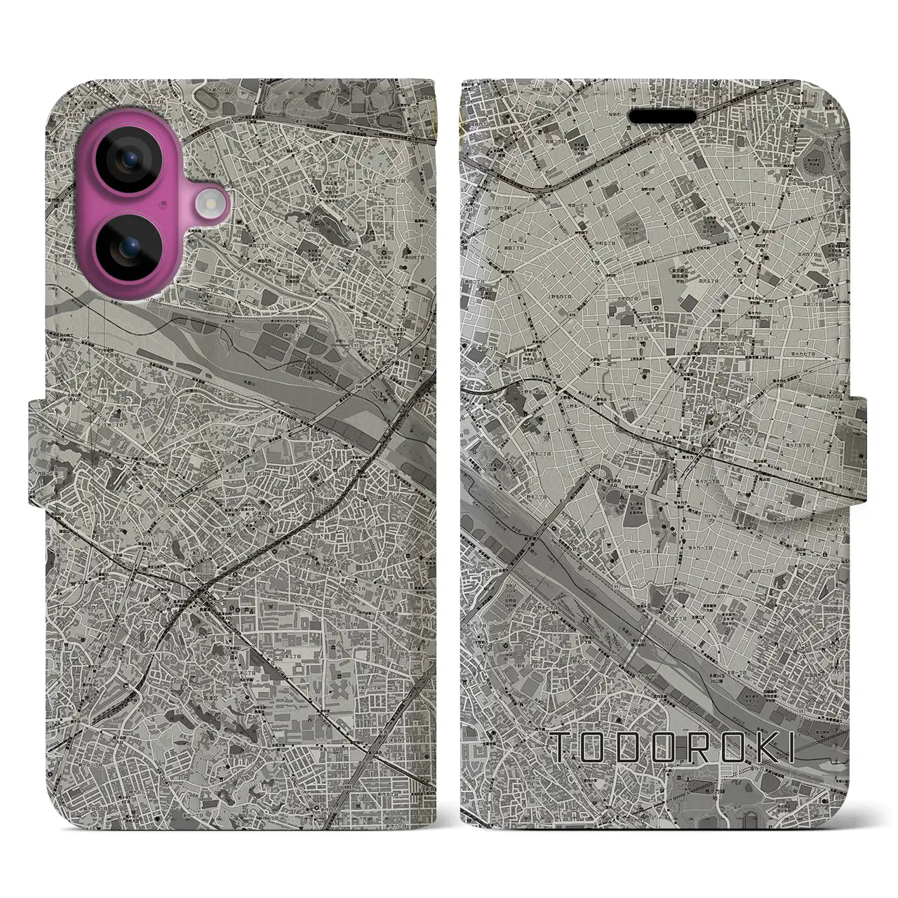 【等々力(東京都)】地図柄iPhoneケース(手帳タイプ)モノトーン・iPhone 16 Pro 用