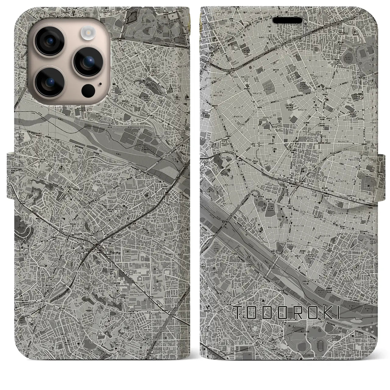 【等々力(東京都)】地図柄iPhoneケース(手帳タイプ)モノトーン・iPhone 16 Plus 用
