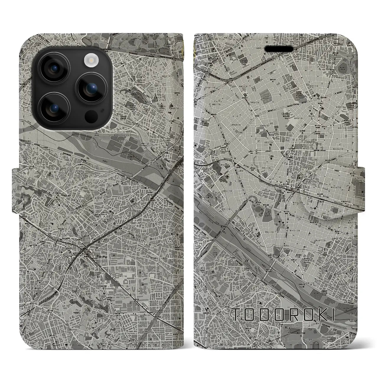 【等々力(東京都)】地図柄iPhoneケース(手帳タイプ)モノトーン・iPhone 16 用