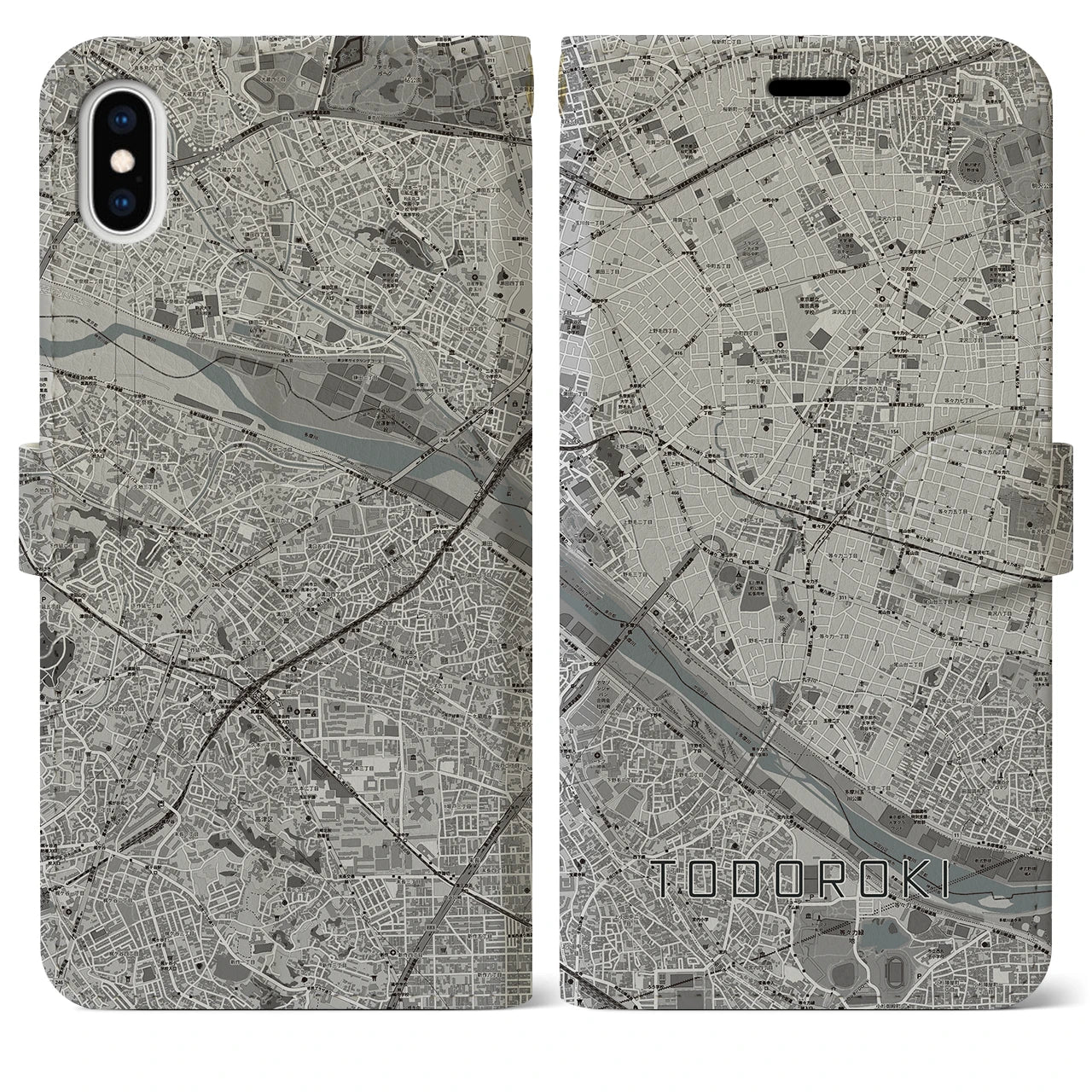 【等々力(東京都)】地図柄iPhoneケース(手帳タイプ)モノトーン・iPhone XS Max 用
