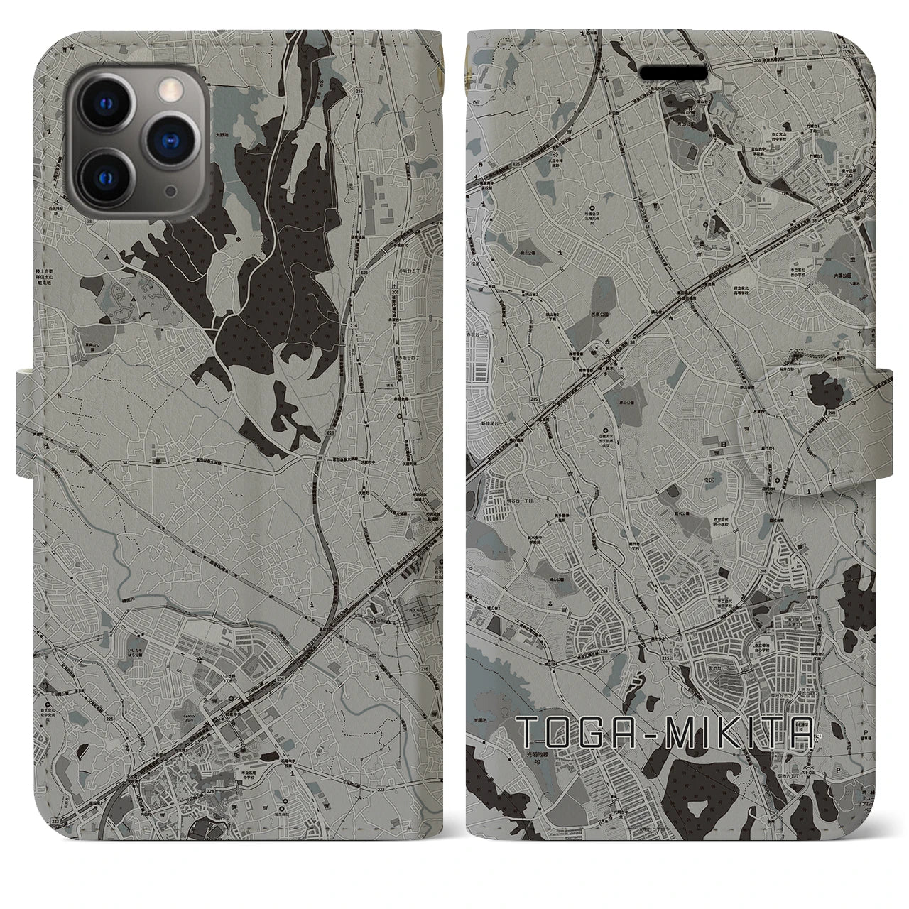 【栂・美木多(大阪府)】地図柄iPhoneケース(手帳タイプ)モノトーン・iPhone 11 Pro Max 用