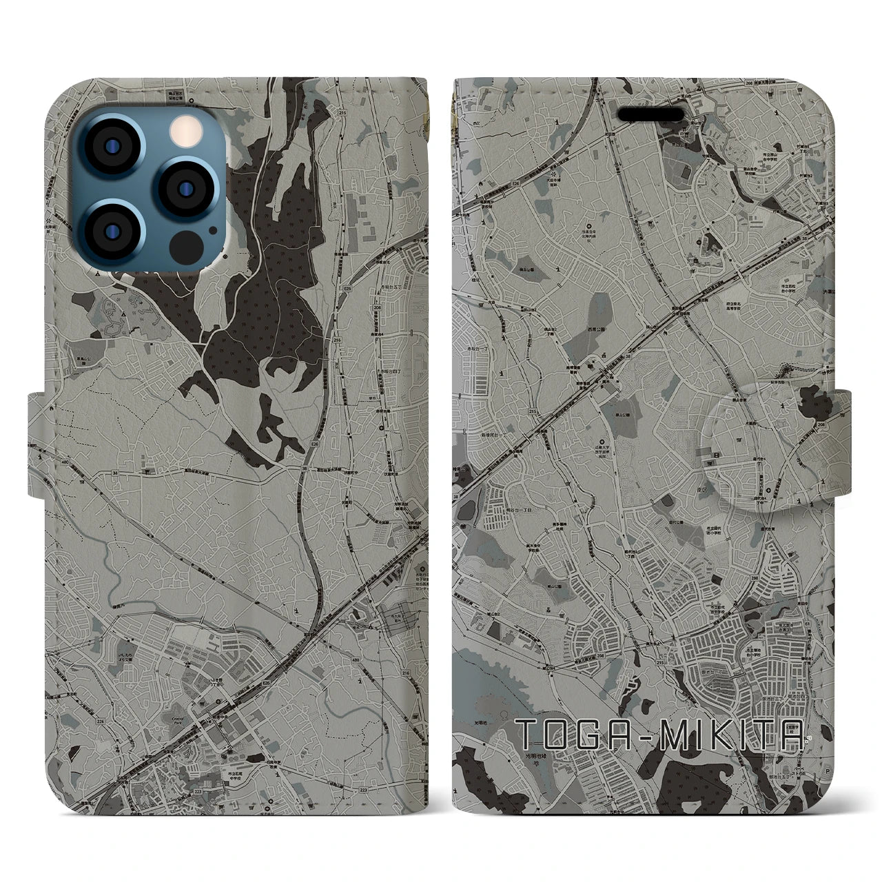 【栂・美木多(大阪府)】地図柄iPhoneケース(手帳タイプ)モノトーン・iPhone 12 / 12 Pro 用