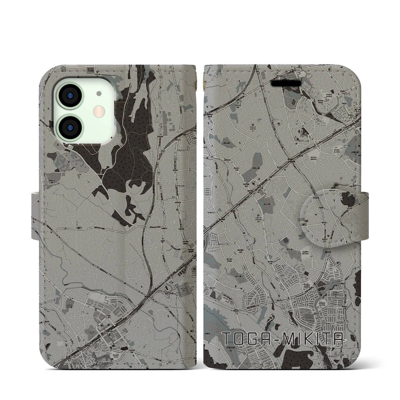 【栂・美木多(大阪府)】地図柄iPhoneケース(手帳タイプ)モノトーン・iPhone 12 mini 用