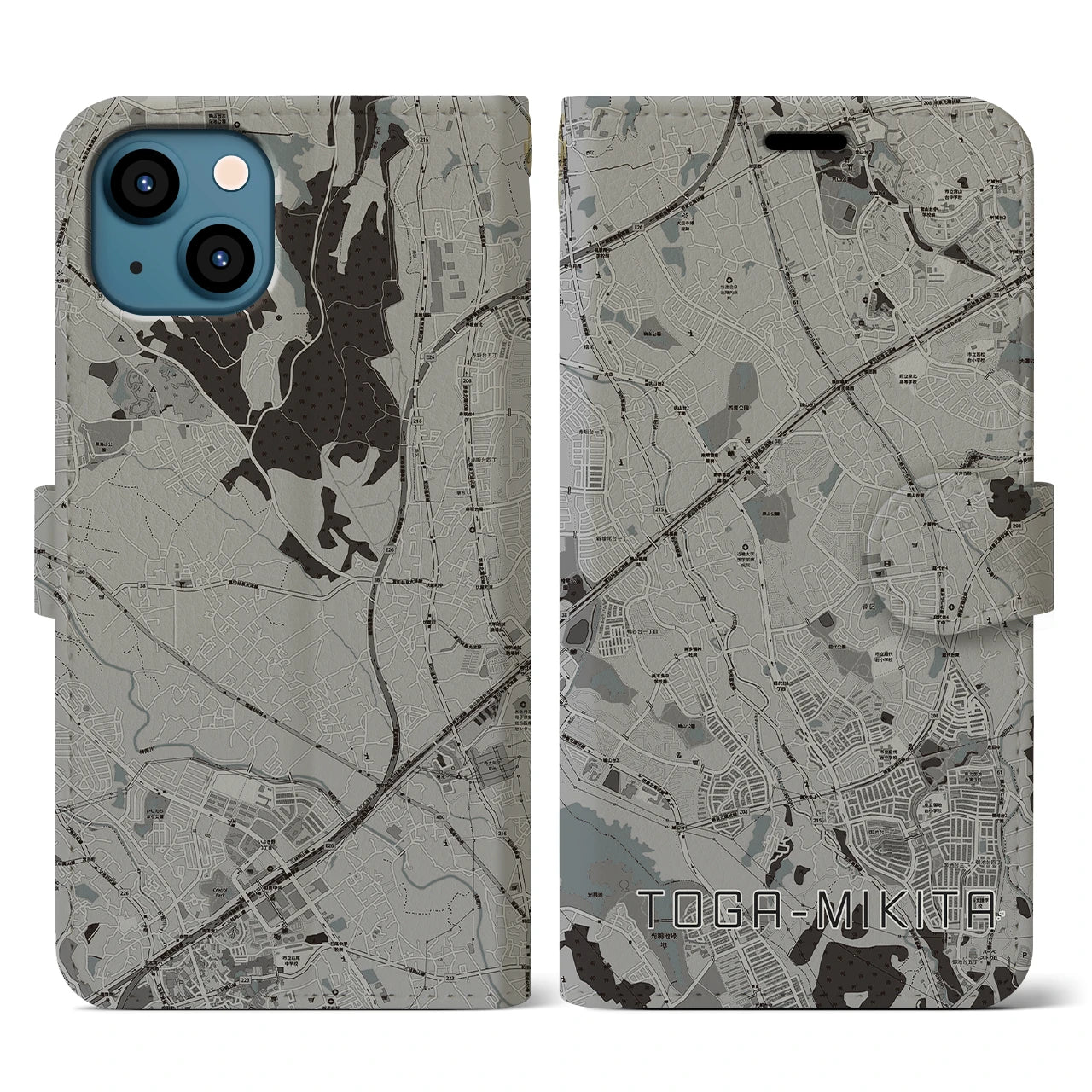 【栂・美木多(大阪府)】地図柄iPhoneケース(手帳タイプ)モノトーン・iPhone 13 用