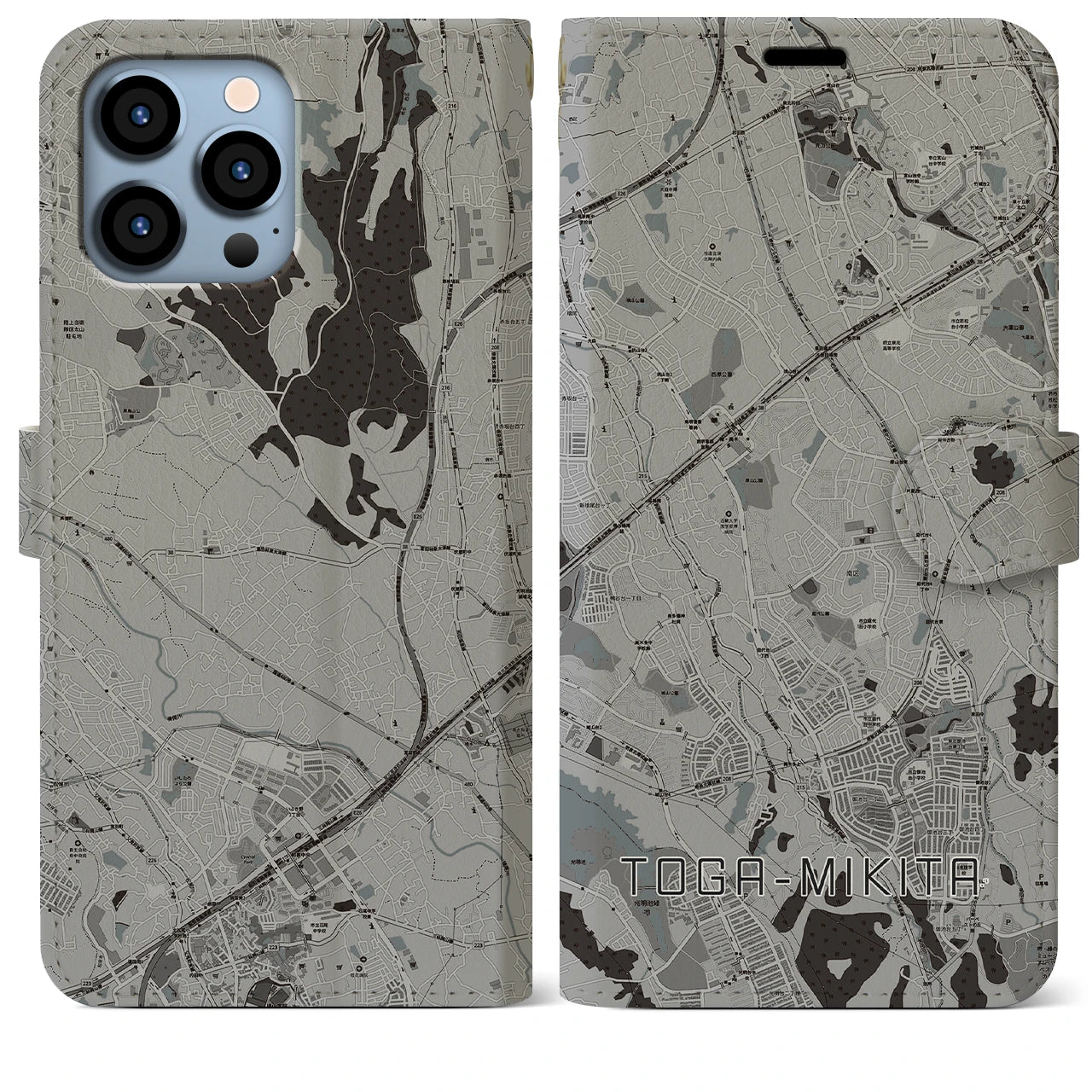 【栂・美木多(大阪府)】地図柄iPhoneケース(手帳タイプ)モノトーン・iPhone 13 Pro Max 用