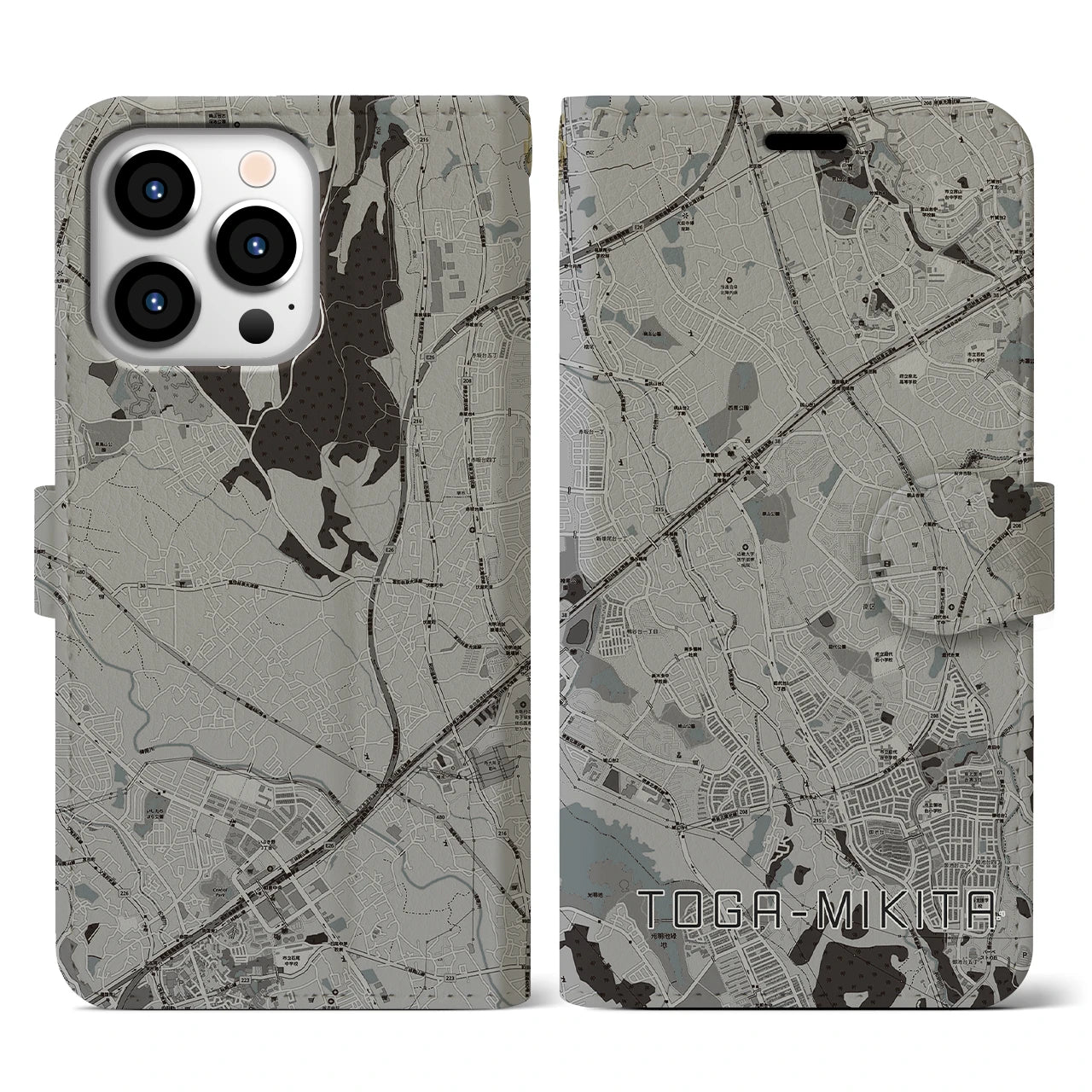 【栂・美木多(大阪府)】地図柄iPhoneケース(手帳タイプ)モノトーン・iPhone 13 Pro 用