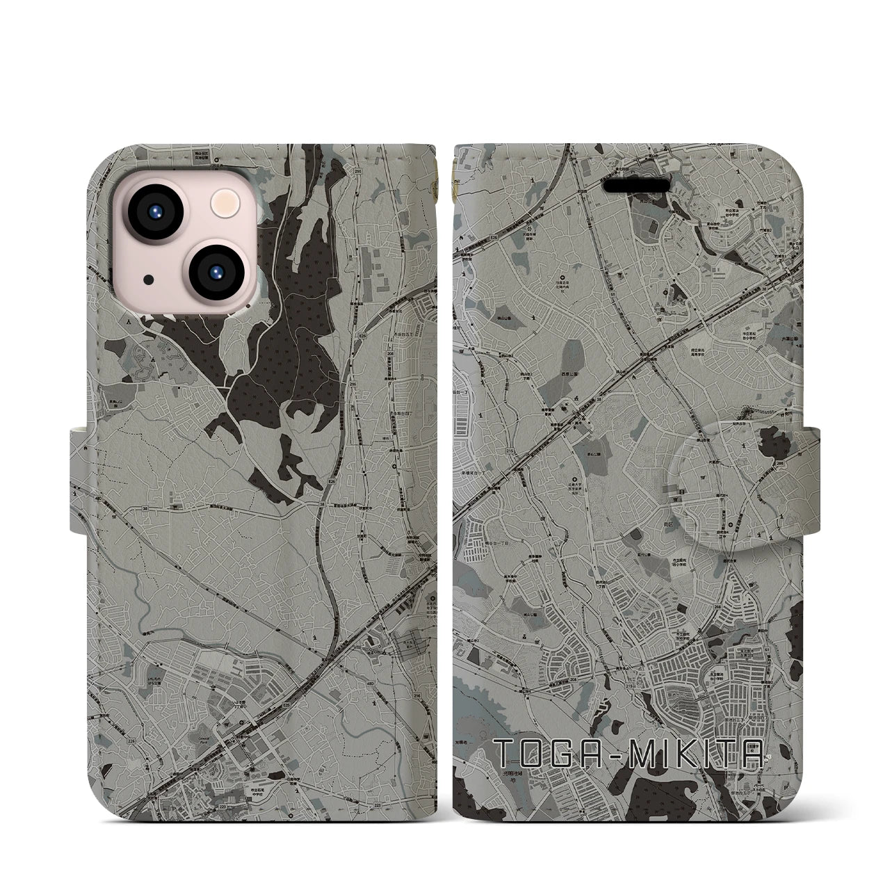 【栂・美木多(大阪府)】地図柄iPhoneケース(手帳タイプ)モノトーン・iPhone 13 mini 用