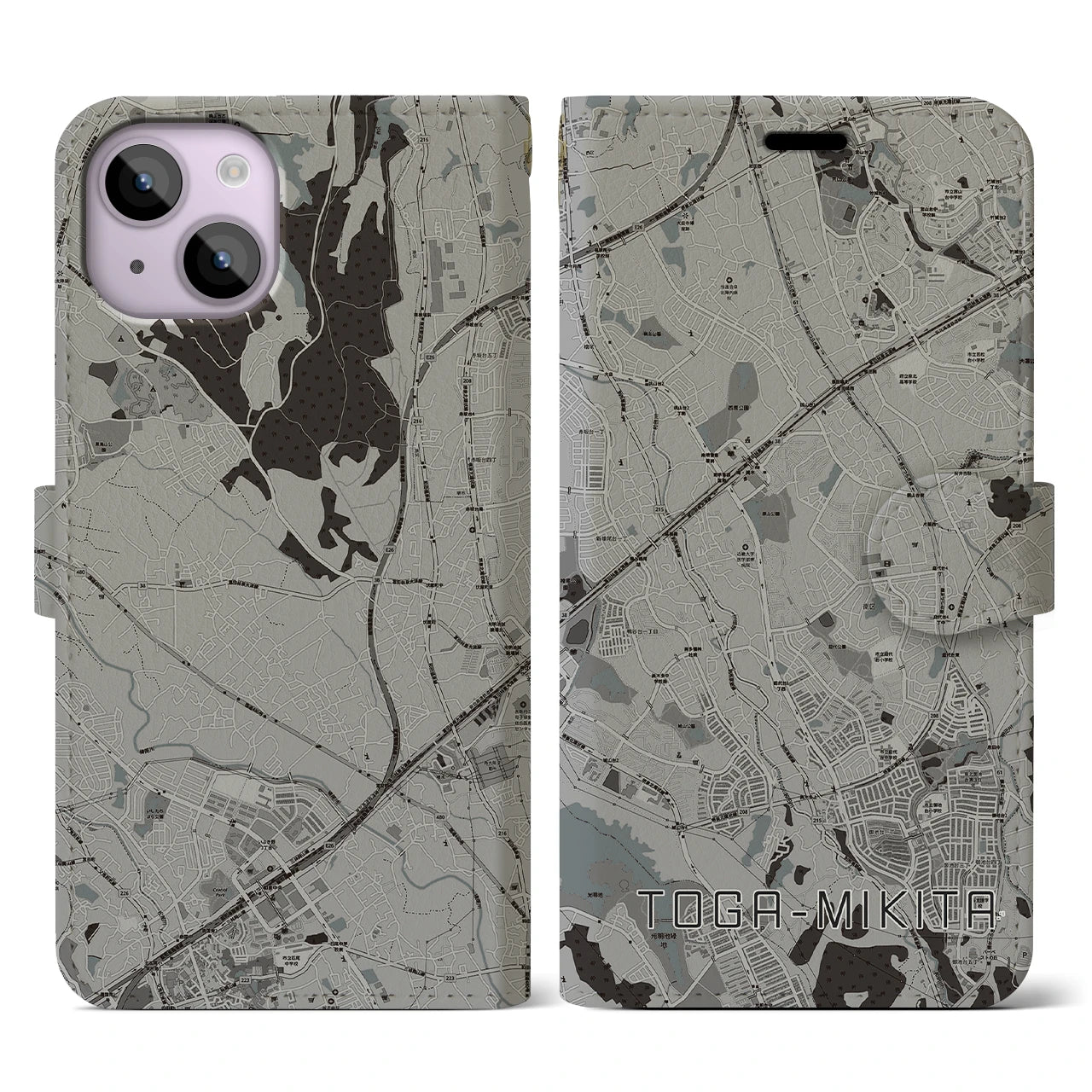 【栂・美木多(大阪府)】地図柄iPhoneケース(手帳タイプ)モノトーン・iPhone 14 用