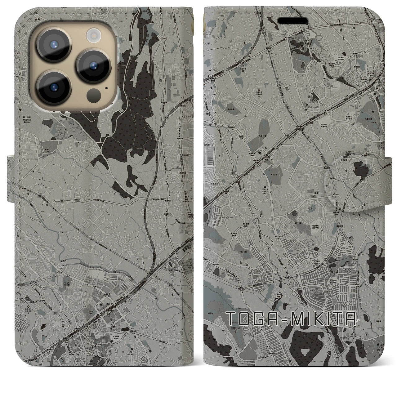 【栂・美木多(大阪府)】地図柄iPhoneケース(手帳タイプ)モノトーン・iPhone 14 Pro Max 用
