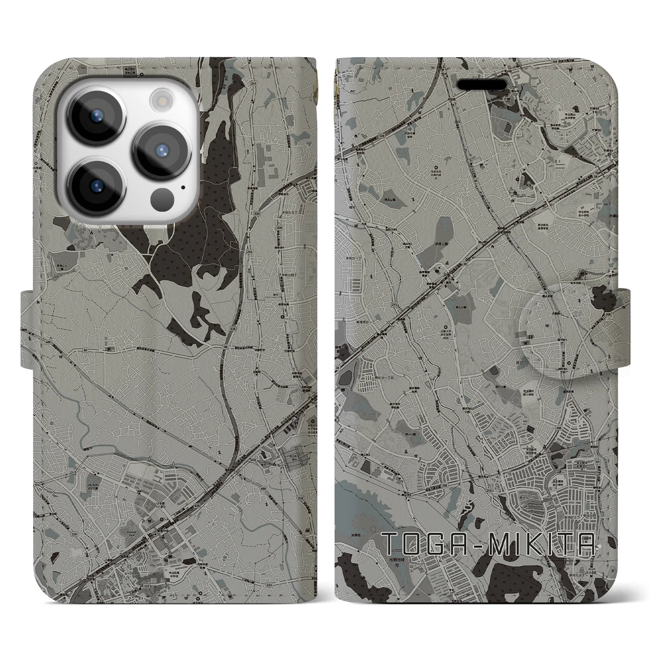 【栂・美木多(大阪府)】地図柄iPhoneケース(手帳タイプ)モノトーン・iPhone 14 Pro 用