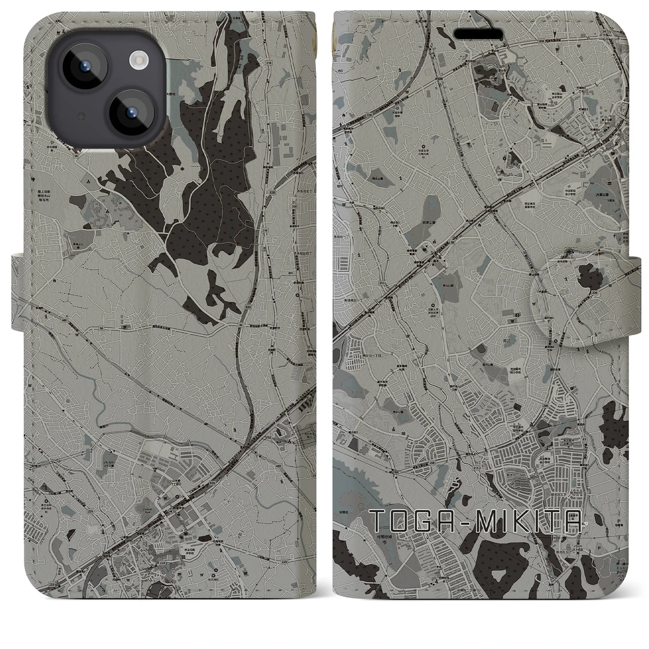 【栂・美木多(大阪府)】地図柄iPhoneケース(手帳タイプ)モノトーン・iPhone 14 Plus 用