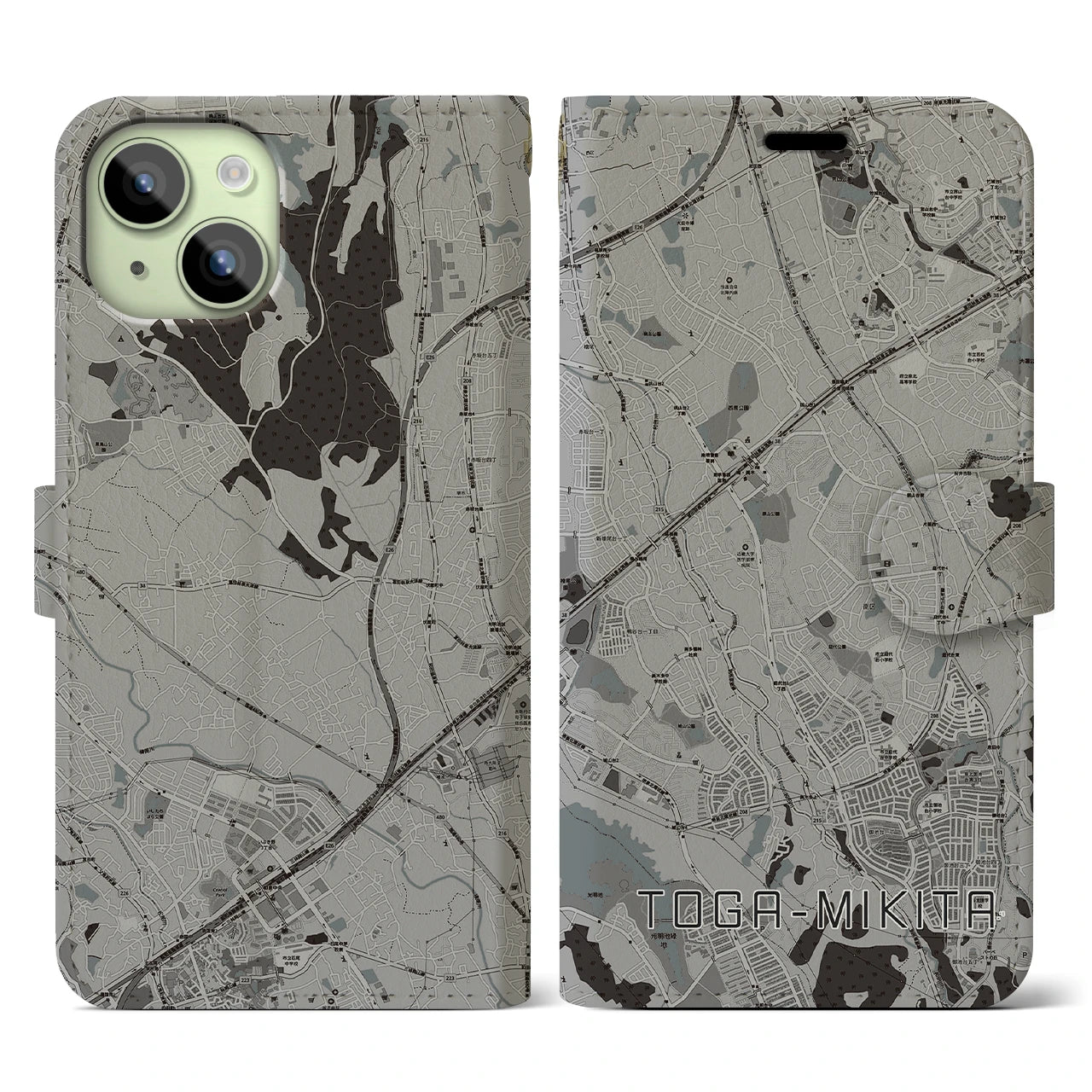 【栂・美木多(大阪府)】地図柄iPhoneケース(手帳タイプ)モノトーン・iPhone 15 用