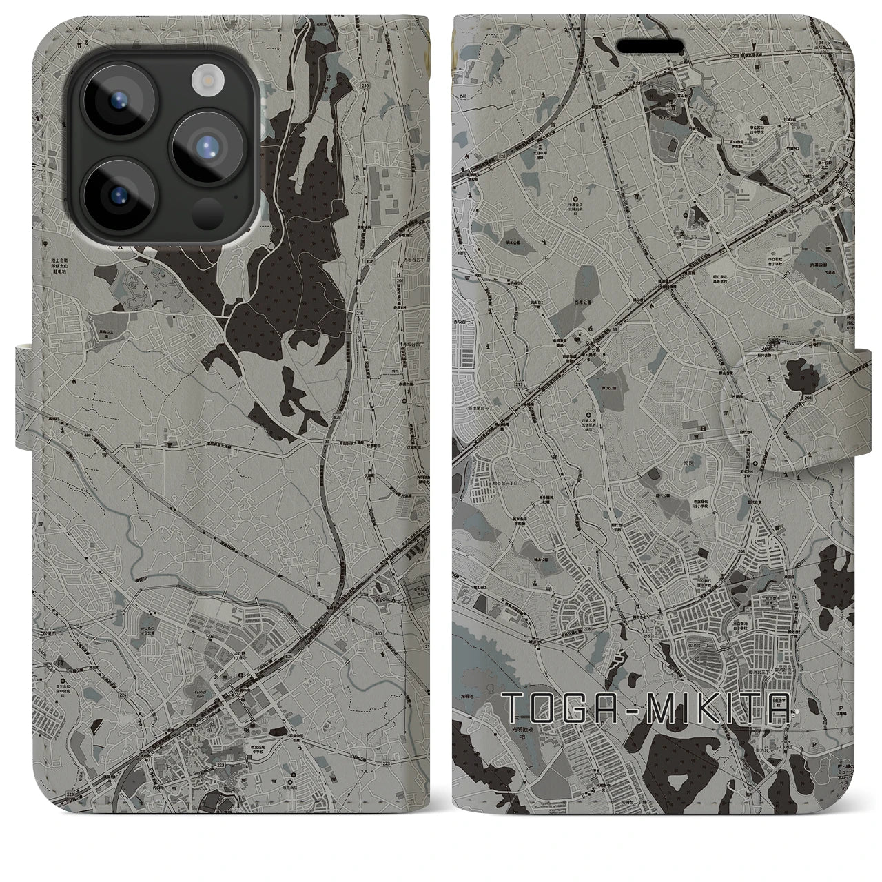 【栂・美木多(大阪府)】地図柄iPhoneケース(手帳タイプ)モノトーン・iPhone 15 Pro Max 用