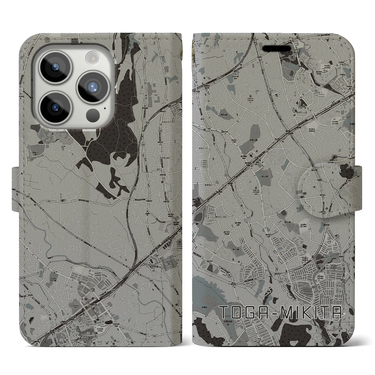 【栂・美木多(大阪府)】地図柄iPhoneケース(手帳タイプ)モノトーン・iPhone 15 Pro 用