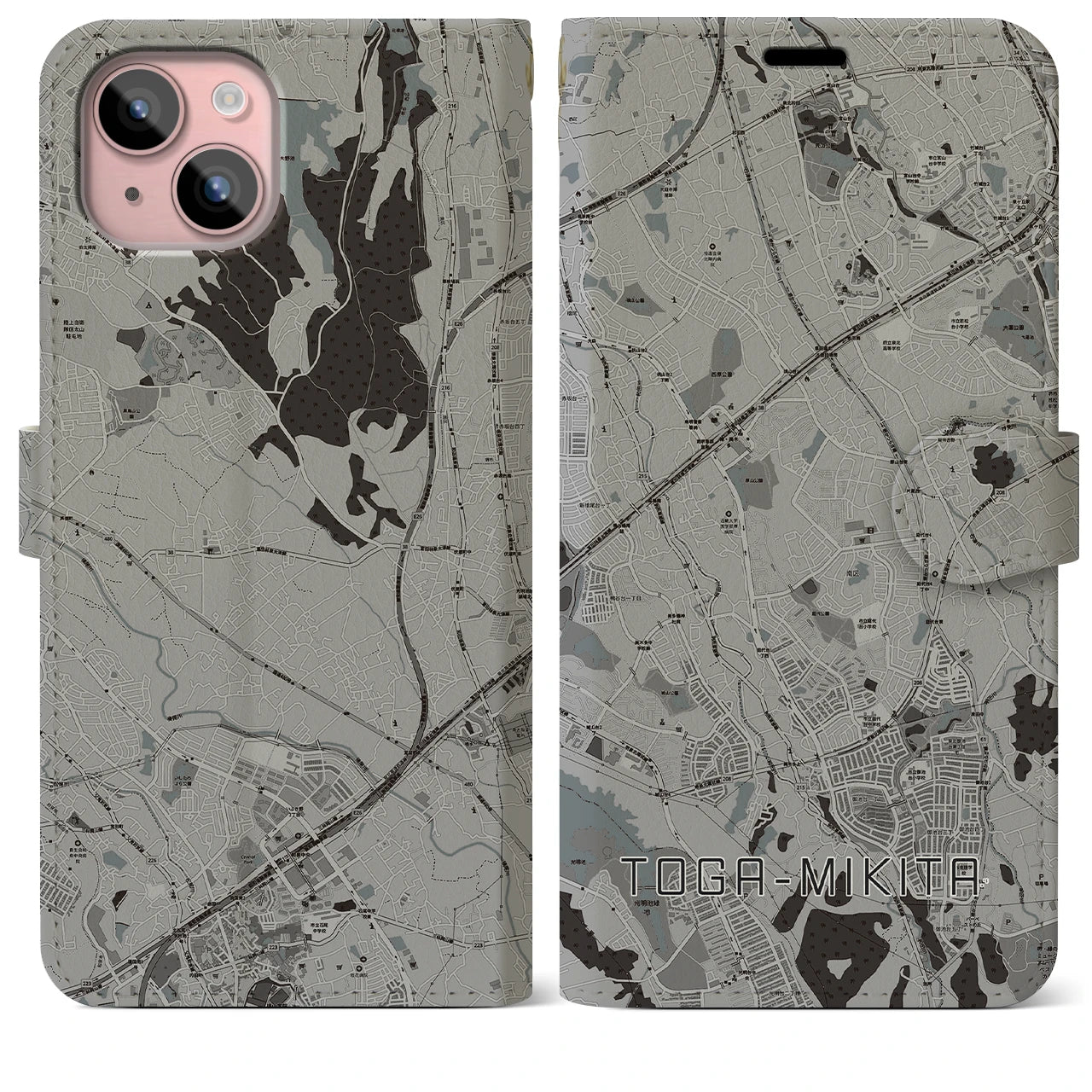 【栂・美木多(大阪府)】地図柄iPhoneケース(手帳タイプ)モノトーン・iPhone 15 Plus 用