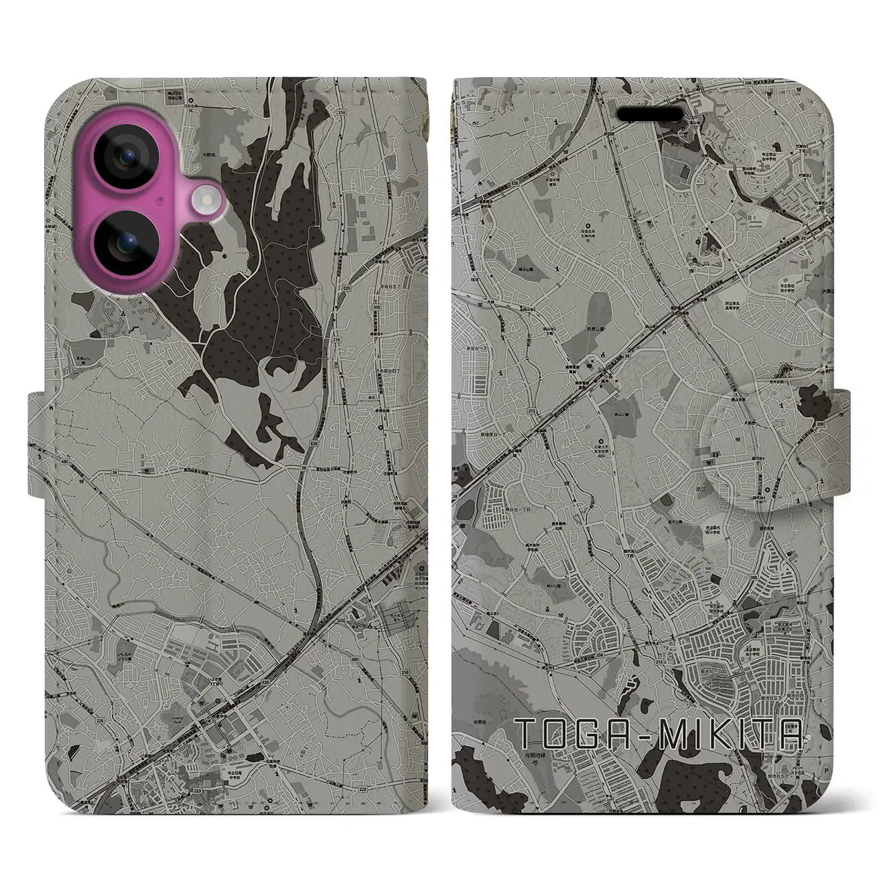 【栂・美木多(大阪府)】地図柄iPhoneケース(手帳タイプ)モノトーン・iPhone 16 Pro 用
