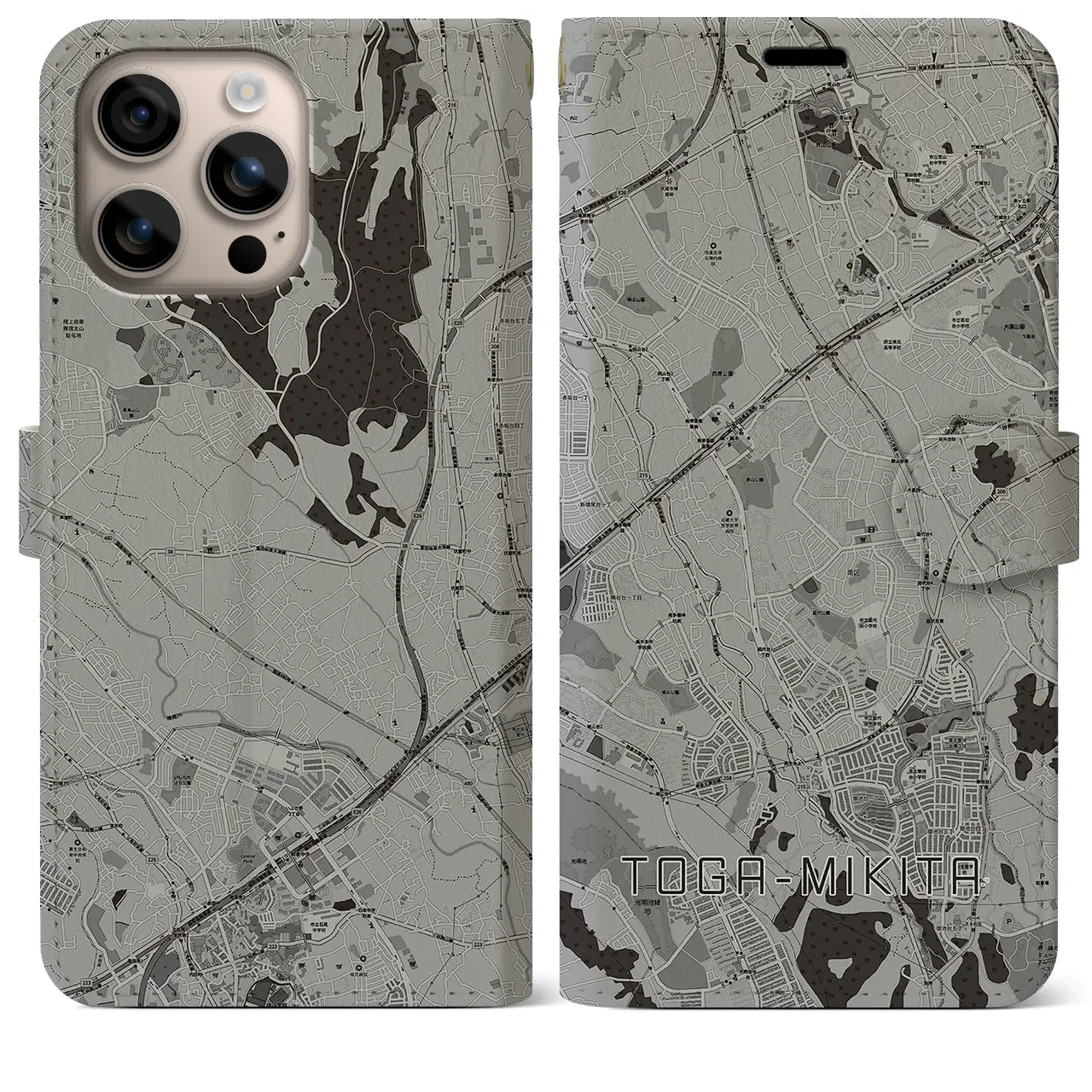 【栂・美木多(大阪府)】地図柄iPhoneケース(手帳タイプ)モノトーン・iPhone 16 Plus 用