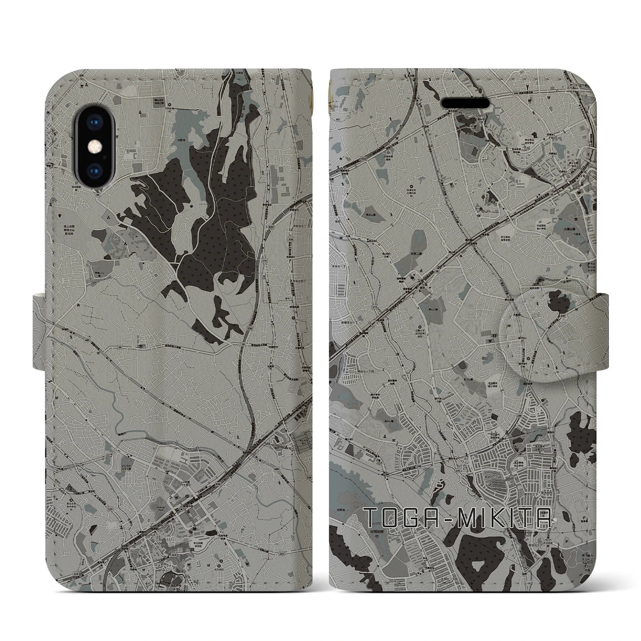 【栂・美木多(大阪府)】地図柄iPhoneケース(手帳タイプ)モノトーン・iPhone XS / X 用