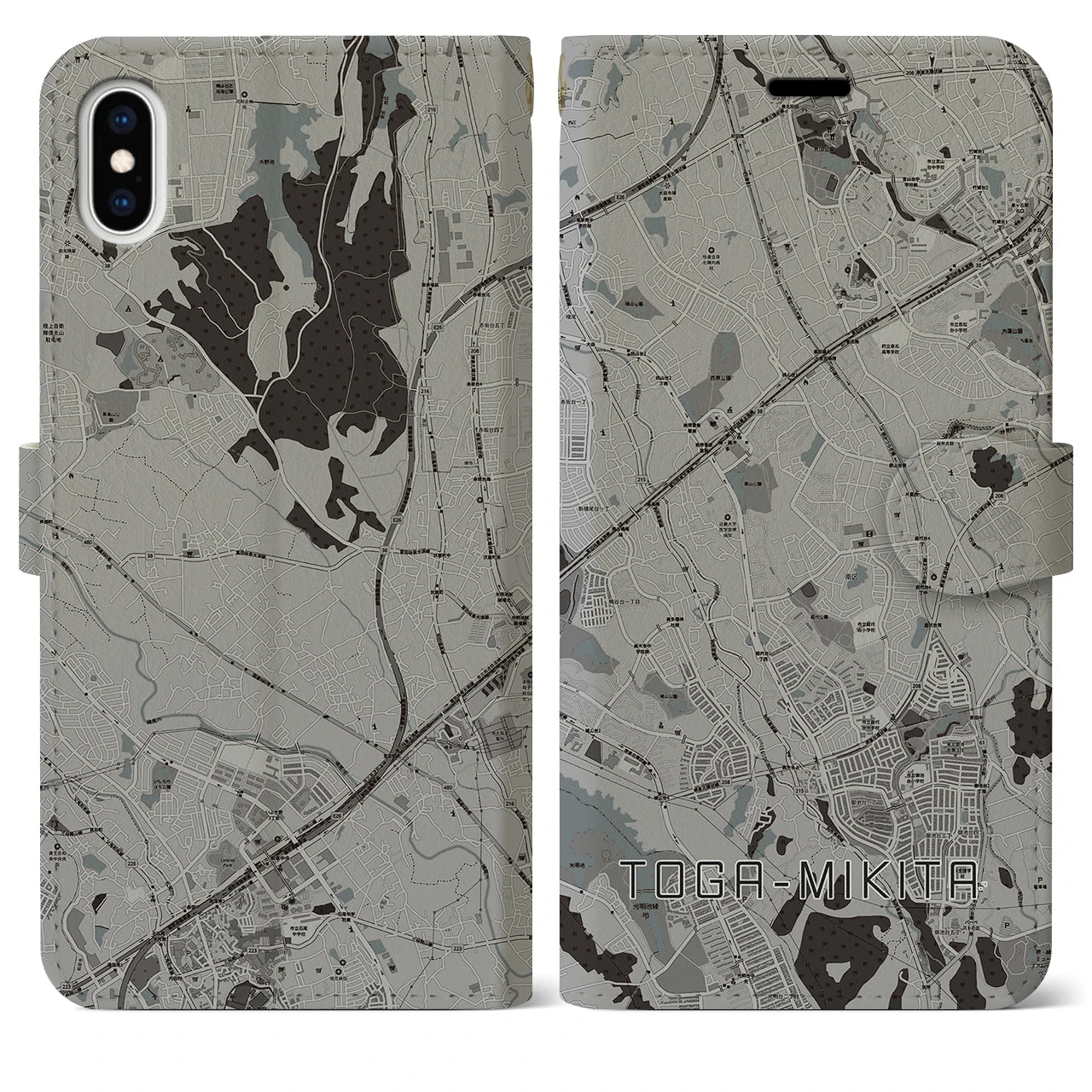【栂・美木多(大阪府)】地図柄iPhoneケース(手帳タイプ)モノトーン・iPhone XS Max 用