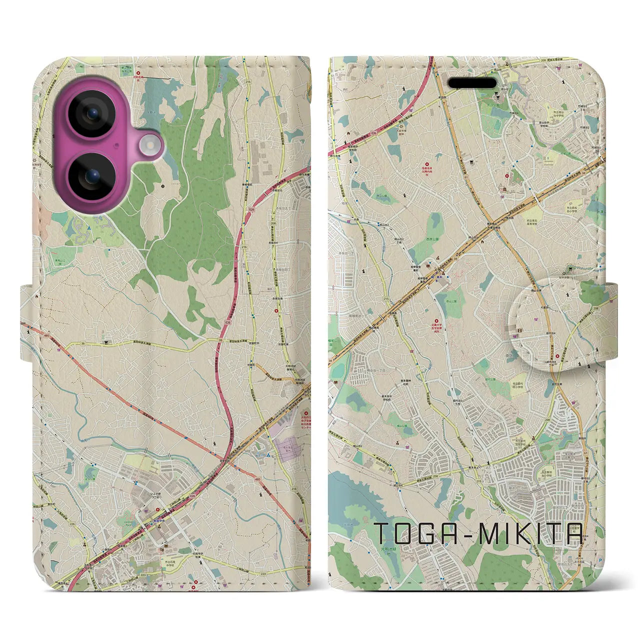 【栂・美木多(大阪府)】地図柄iPhoneケース(手帳タイプ)ナチュラル・iPhone 16 Pro 用