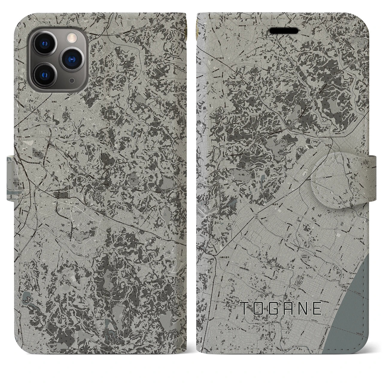 【東金(千葉県)】地図柄iPhoneケース(手帳タイプ)モノトーン・iPhone 11 Pro Max 用