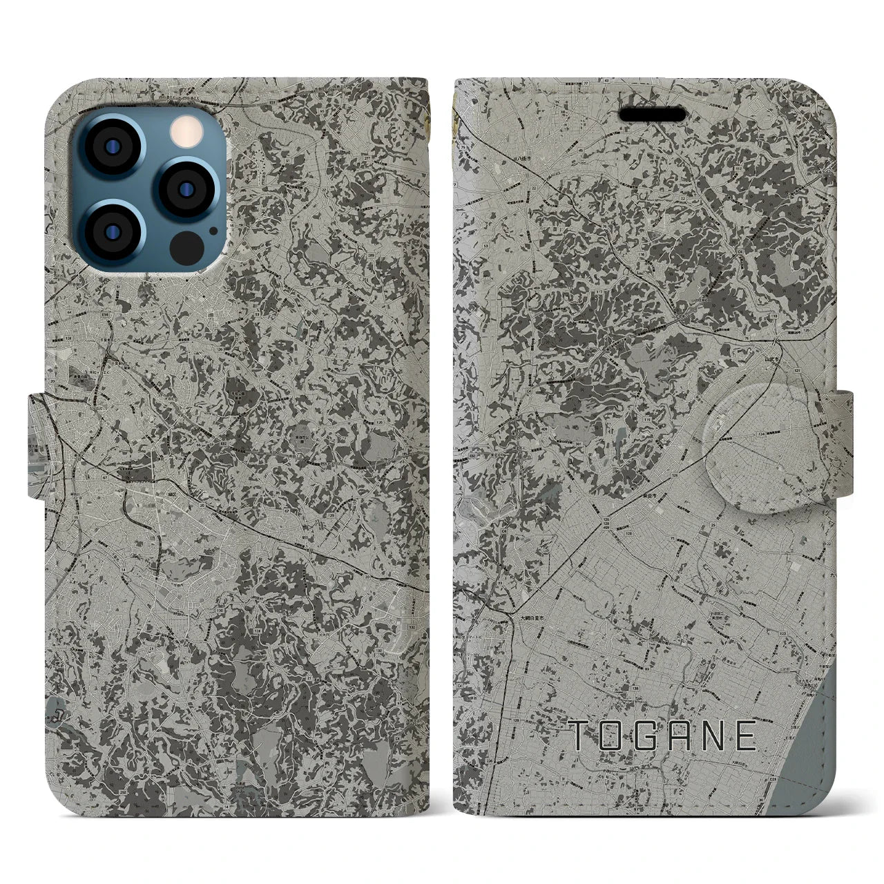【東金(千葉県)】地図柄iPhoneケース(手帳タイプ)モノトーン・iPhone 12 / 12 Pro 用