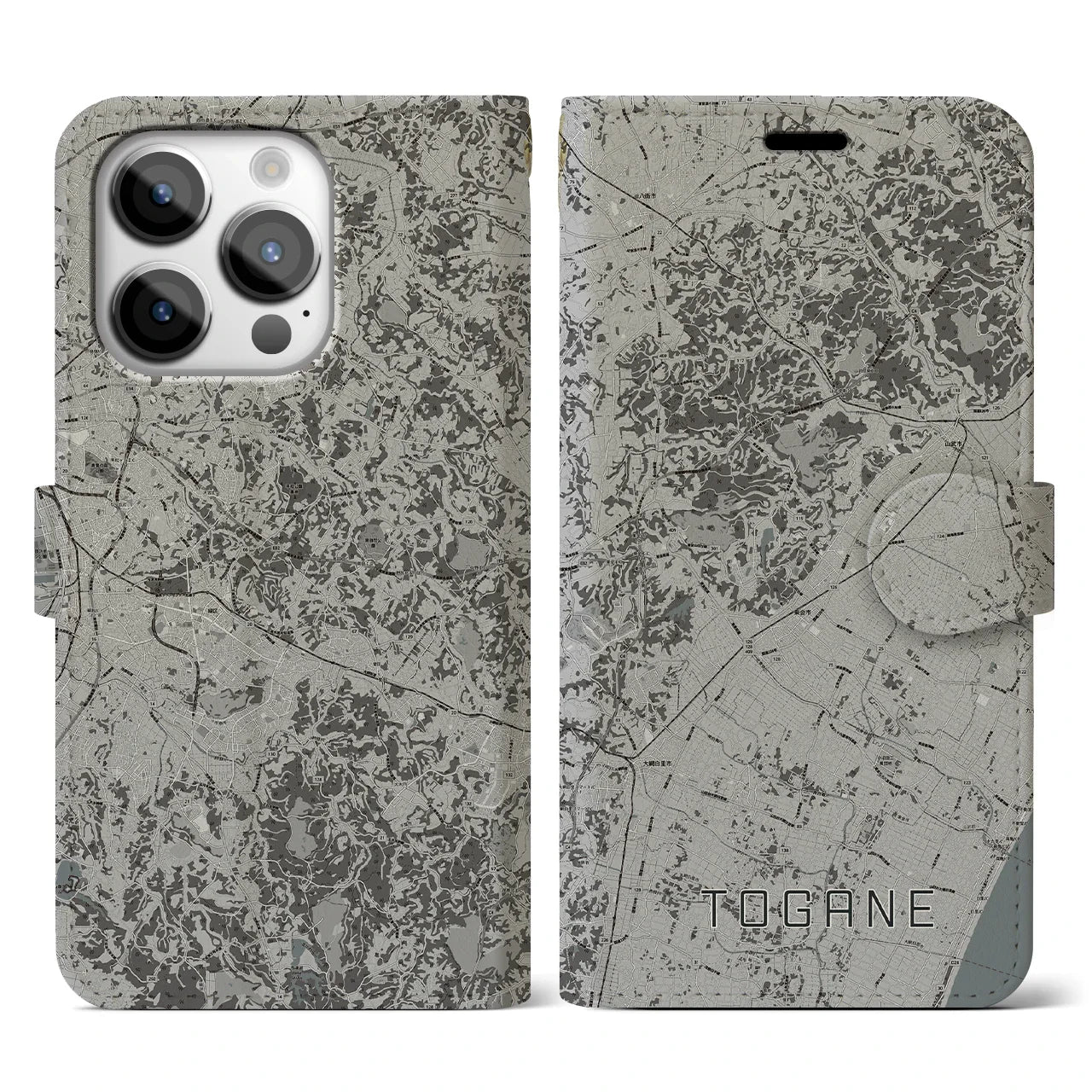 【東金(千葉県)】地図柄iPhoneケース(手帳タイプ)モノトーン・iPhone 14 Pro 用
