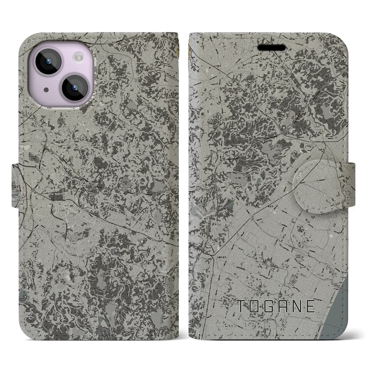 【東金(千葉県)】地図柄iPhoneケース(手帳タイプ)モノトーン・iPhone 14 用