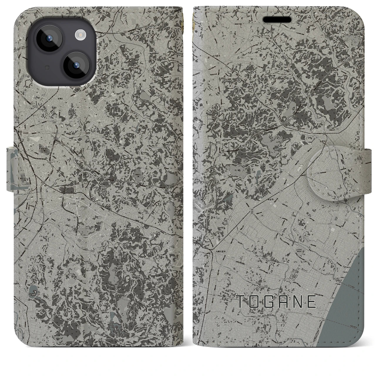 【東金(千葉県)】地図柄iPhoneケース(手帳タイプ)モノトーン・iPhone 14 Plus 用