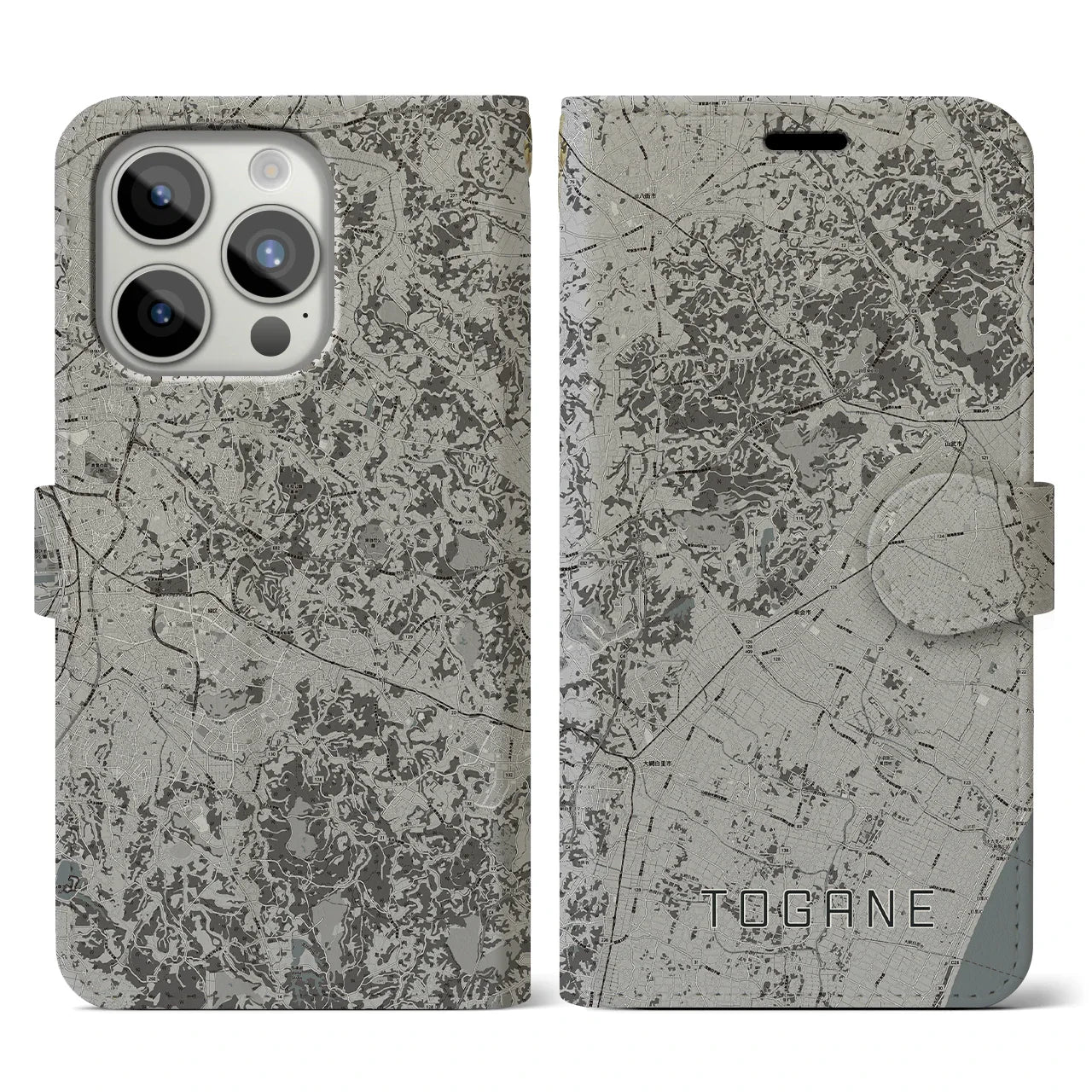 【東金(千葉県)】地図柄iPhoneケース(手帳タイプ)モノトーン・iPhone 15 Pro 用