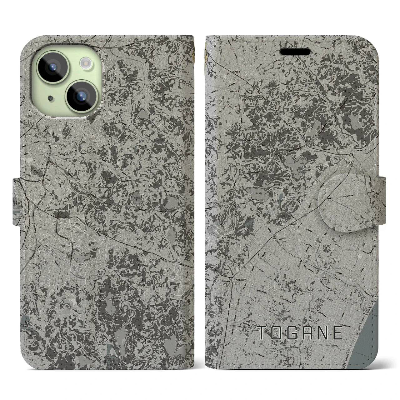 【東金(千葉県)】地図柄iPhoneケース(手帳タイプ)モノトーン・iPhone 15 用