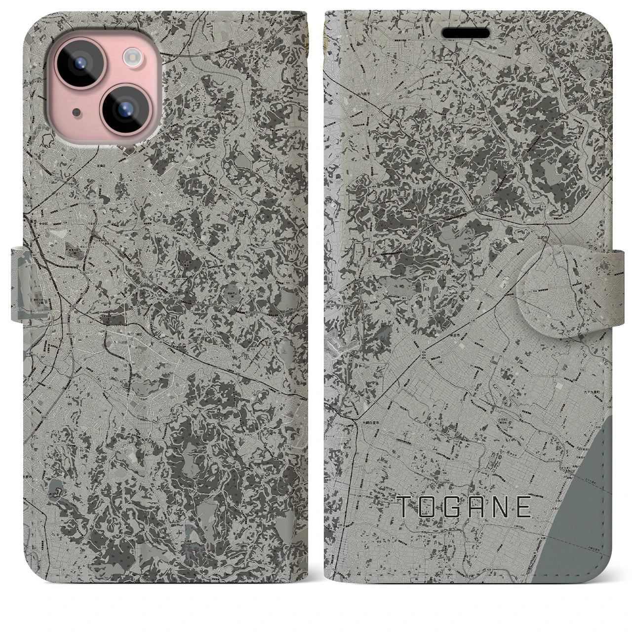 【東金(千葉県)】地図柄iPhoneケース(手帳タイプ)モノトーン・iPhone 15 Plus 用