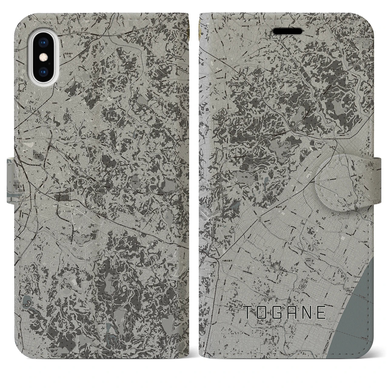【東金(千葉県)】地図柄iPhoneケース(手帳タイプ)モノトーン・iPhone XS Max 用