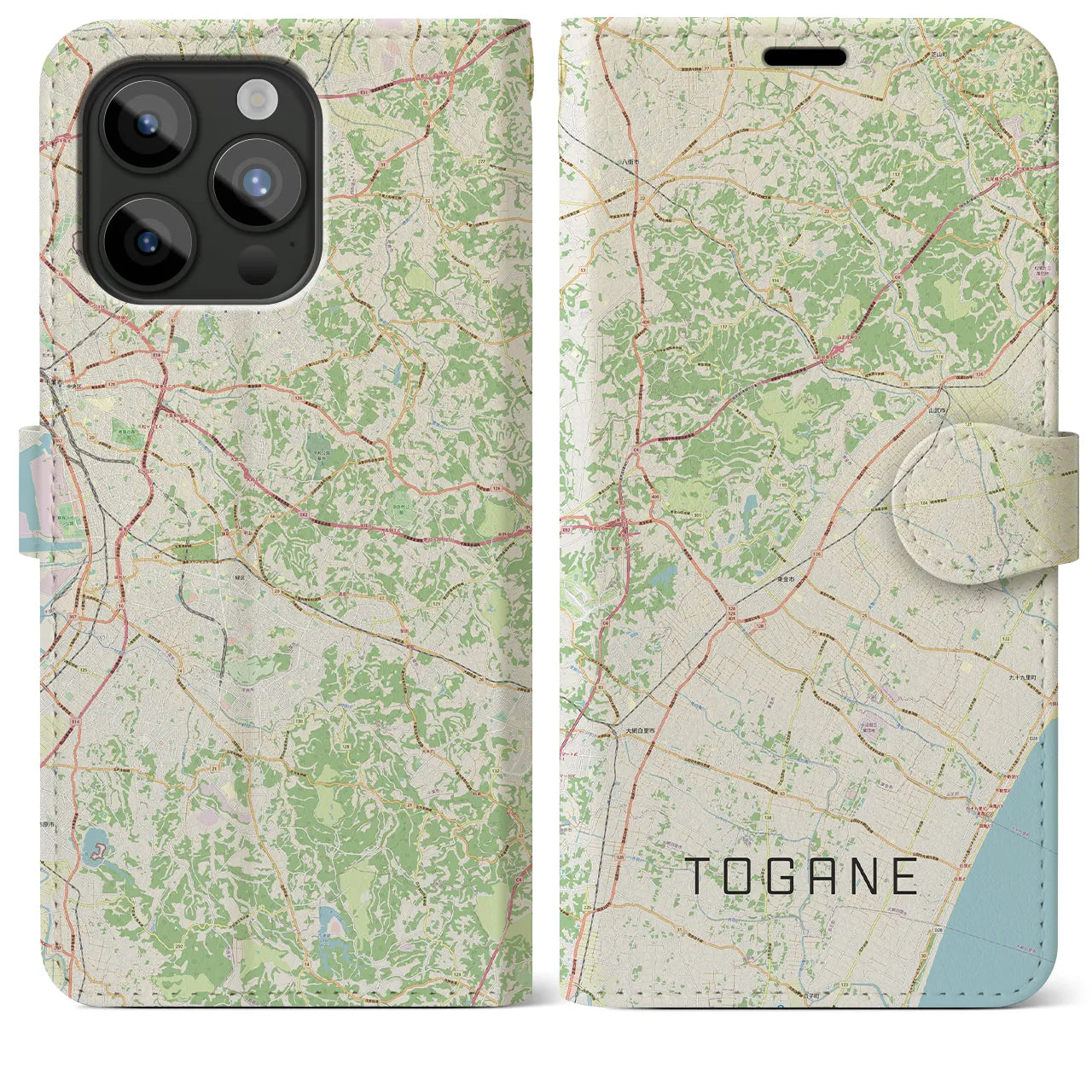 【東金(千葉県)】地図柄iPhoneケース(手帳タイプ)ナチュラル・iPhone 15 Pro Max 用