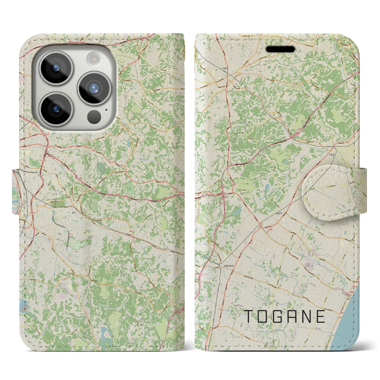 【東金(千葉県)】地図柄iPhoneケース(手帳タイプ)ナチュラル・iPhone 15 Pro 用