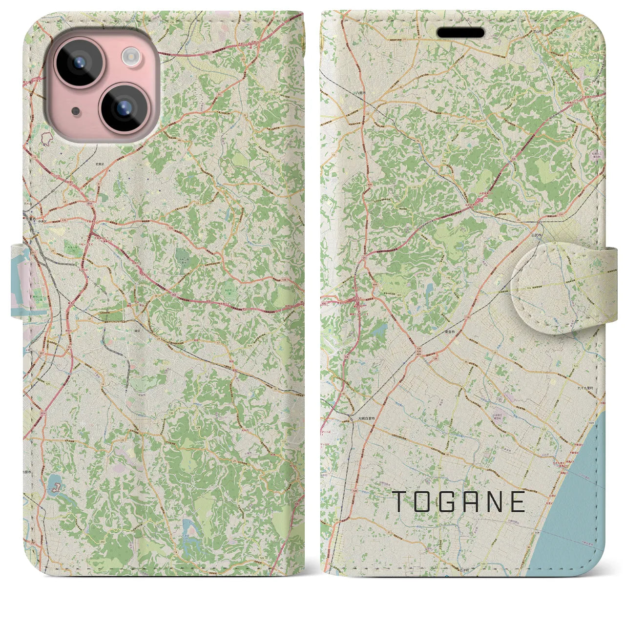 【東金(千葉県)】地図柄iPhoneケース(手帳タイプ)ナチュラル・iPhone 15 Plus 用