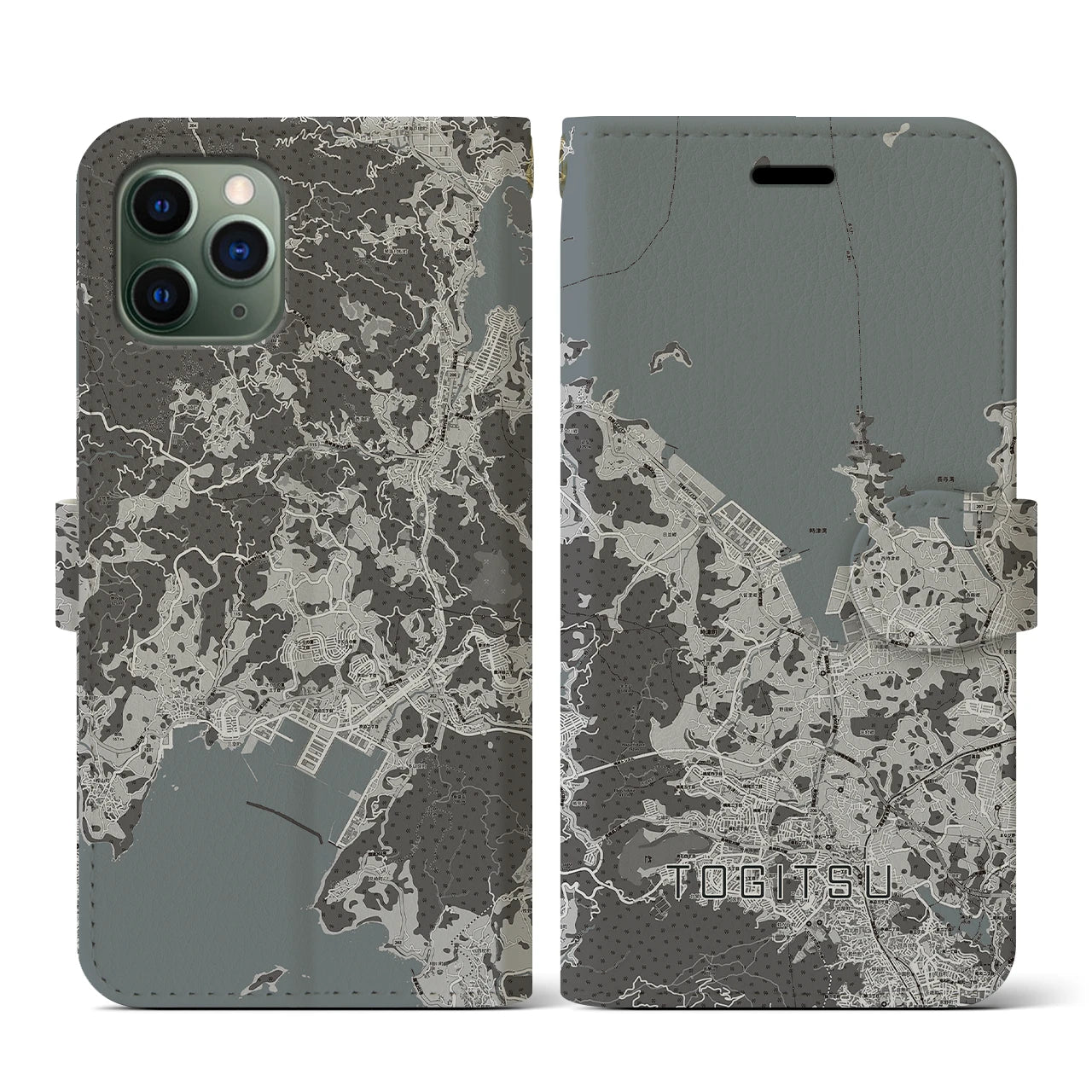 【時津(長崎県)】地図柄iPhoneケース(手帳タイプ)モノトーン・iPhone 11 Pro 用