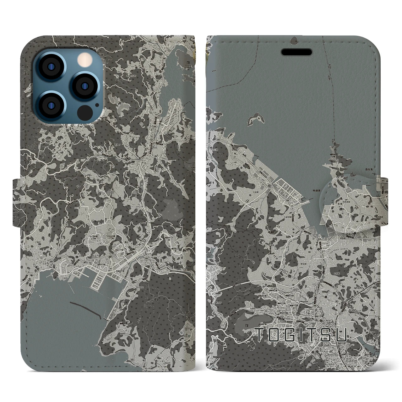 【時津(長崎県)】地図柄iPhoneケース(手帳タイプ)モノトーン・iPhone 12 / 12 Pro 用