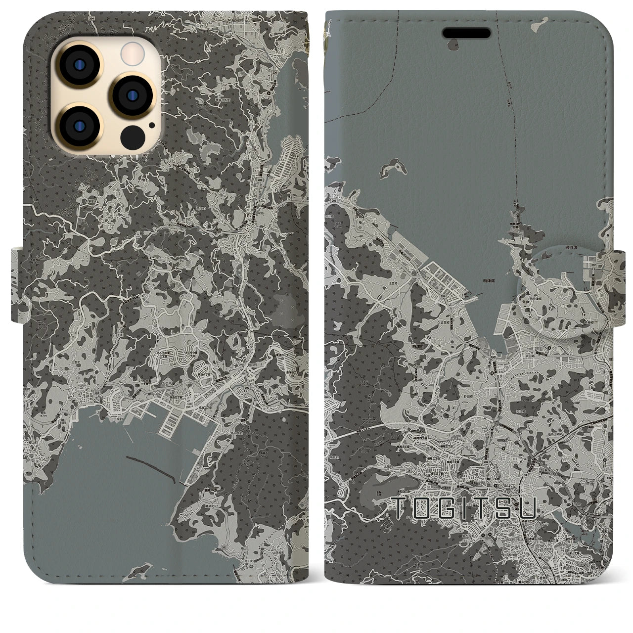 【時津(長崎県)】地図柄iPhoneケース(手帳タイプ)モノトーン・iPhone 12 Pro Max 用