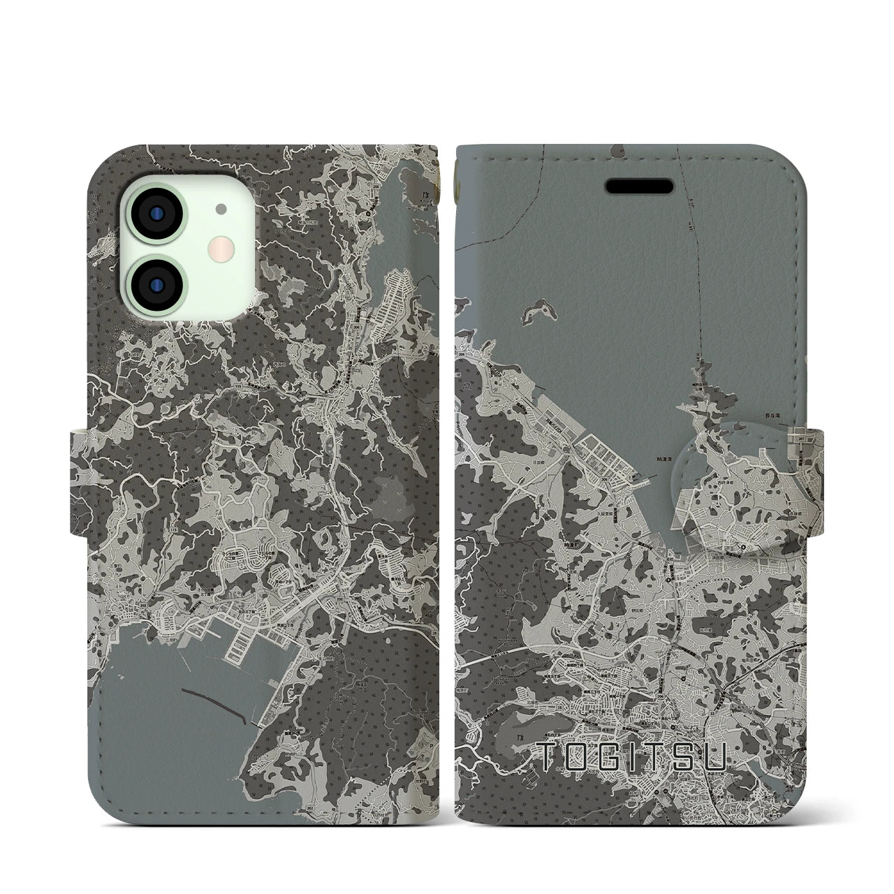 【時津(長崎県)】地図柄iPhoneケース(手帳タイプ)モノトーン・iPhone 12 mini 用